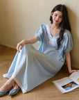Blue Embroidered Bamboo Cotton Nightgown | Summer Sleepwear Dress | Lian