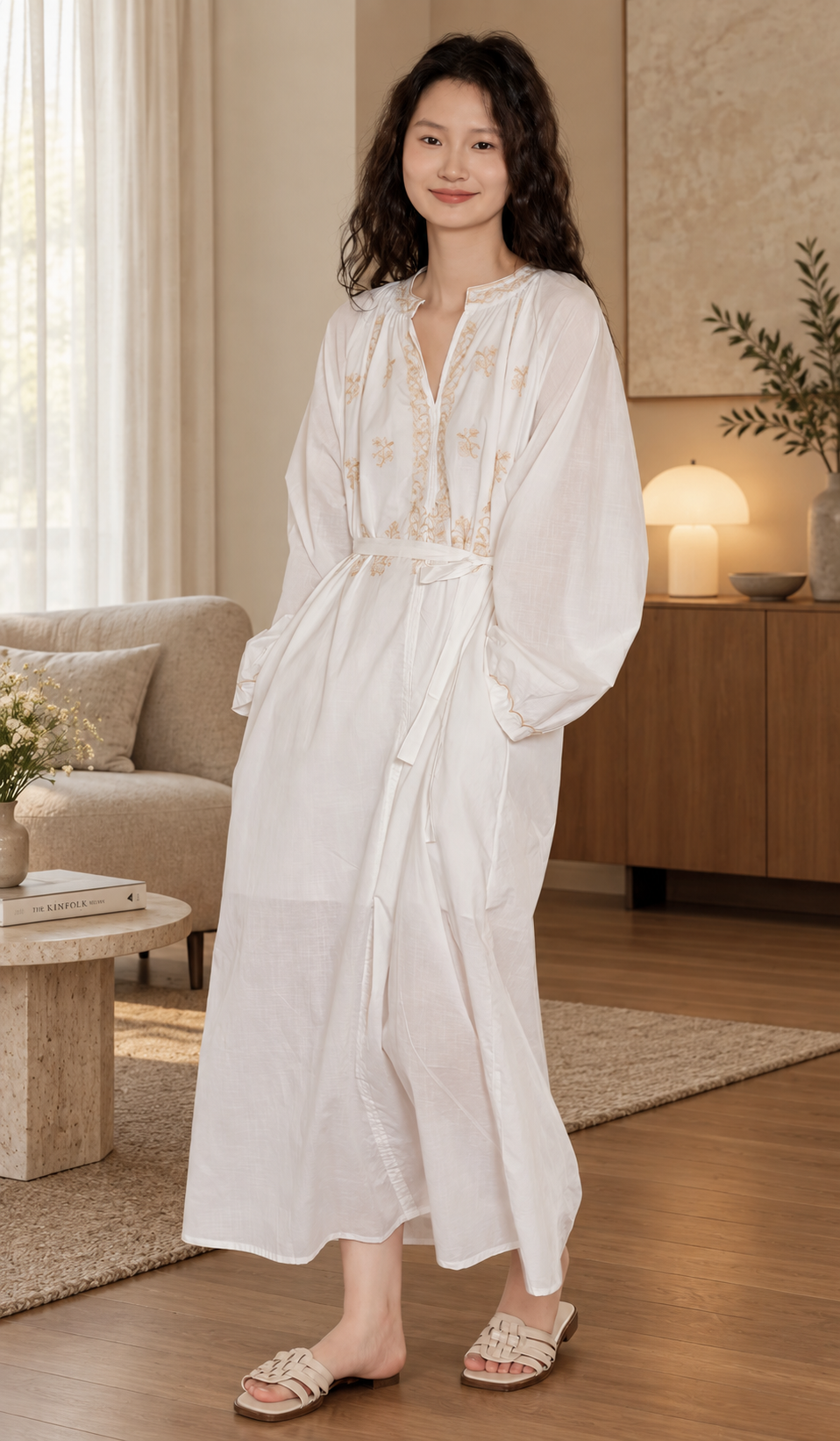 Embroidered Gauze Cotton Robe &amp; Slip Dress Set – Kimono Loungewear | Lian Collection