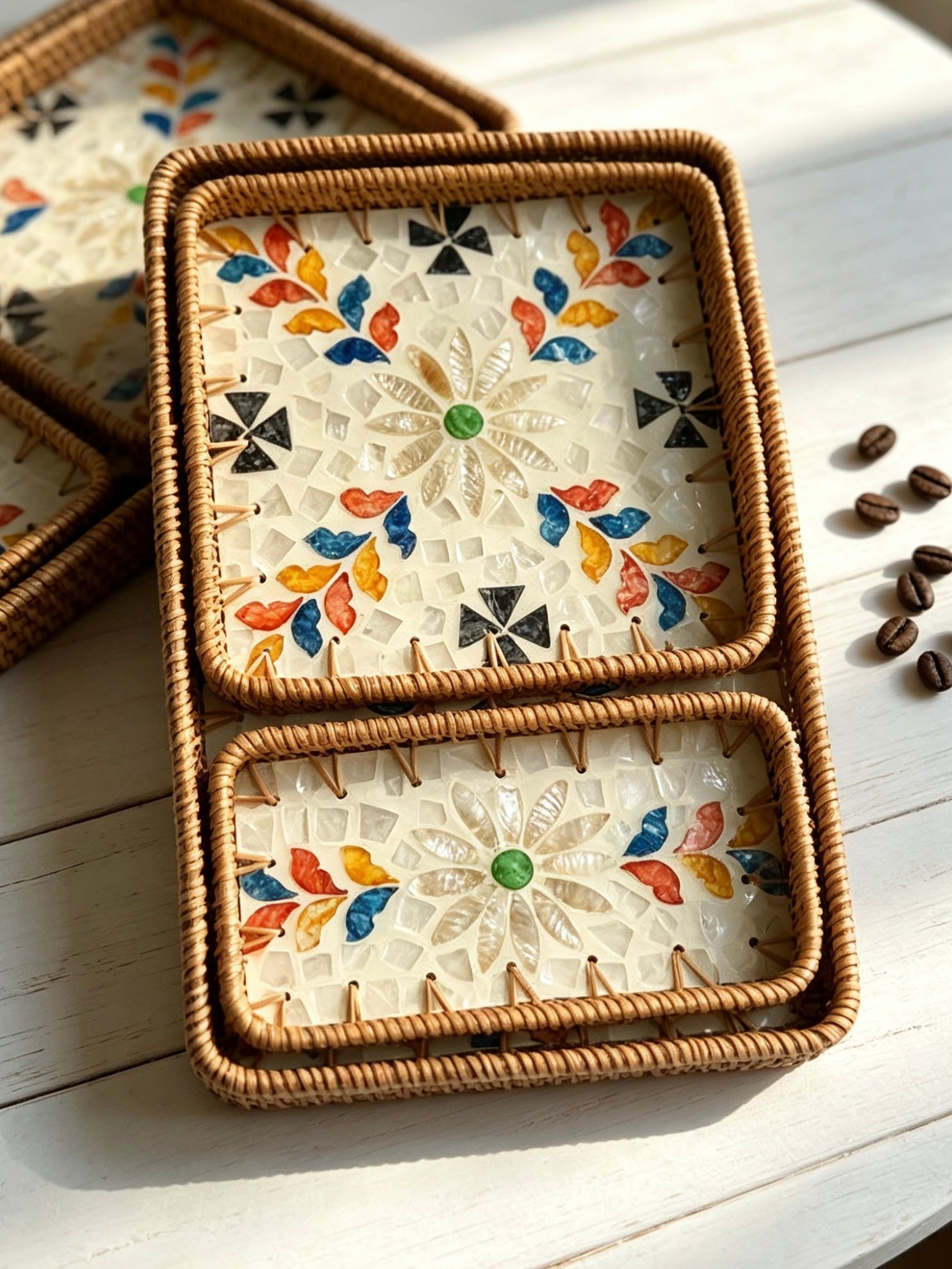 Handmade Rattan &amp; Mother‑of‑Pearl Tray Set – Nesting Serving Trays (3pcs) | Lian Collection