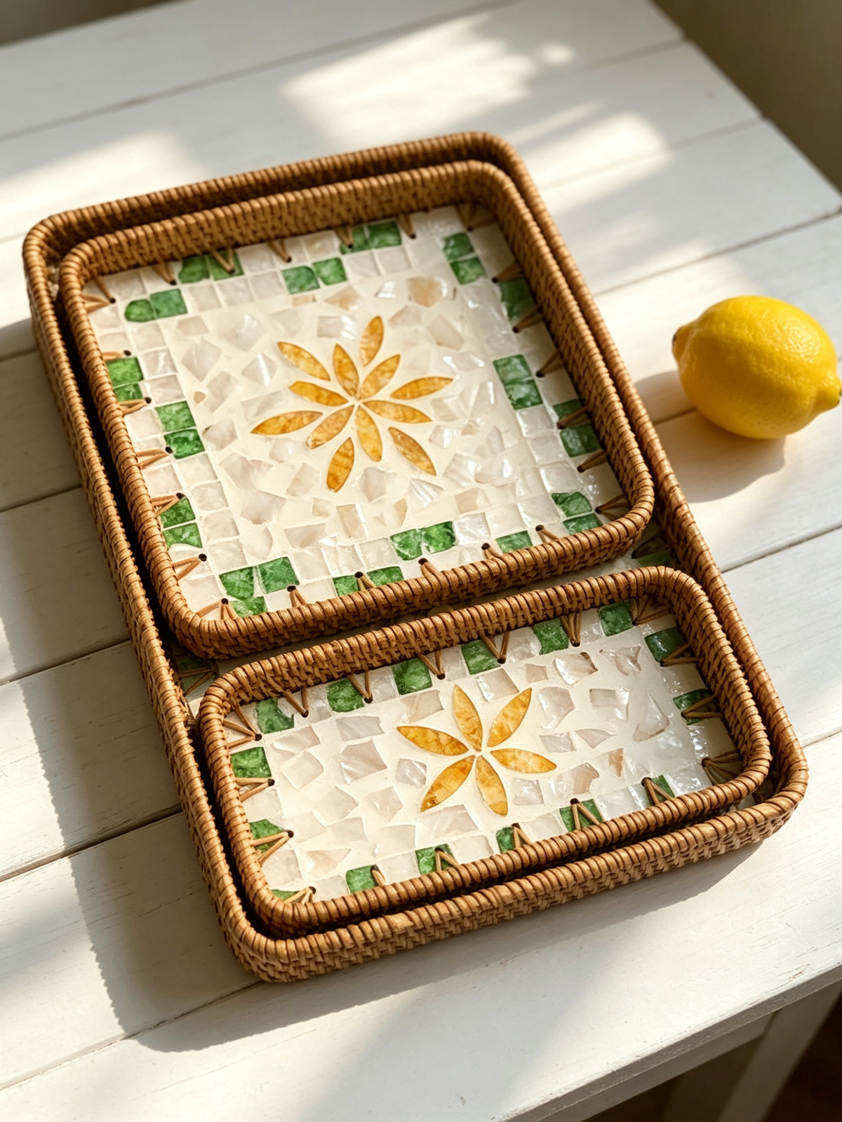 Handmade Rattan &amp; Mother‑of‑Pearl Tray Set – Nesting Serving Trays (3pcs) | Lian Collection