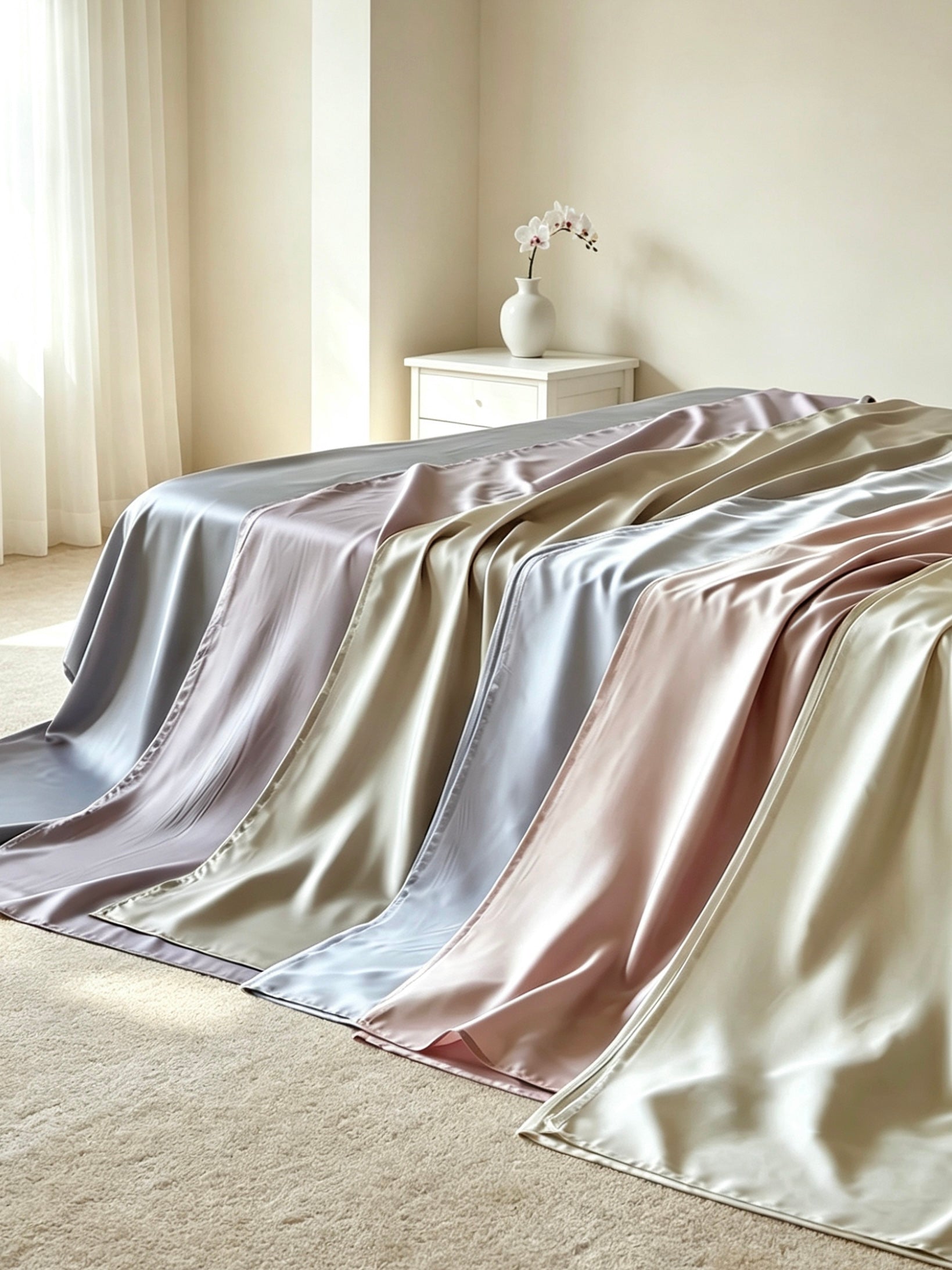 A bed draped with multiple TENCEL™ Lyocell Bed Sheet in soft neutral tones including gray, champagne, blush pink, and cream, styled in a bright, minimalist bedroom with a small white side table and vase.