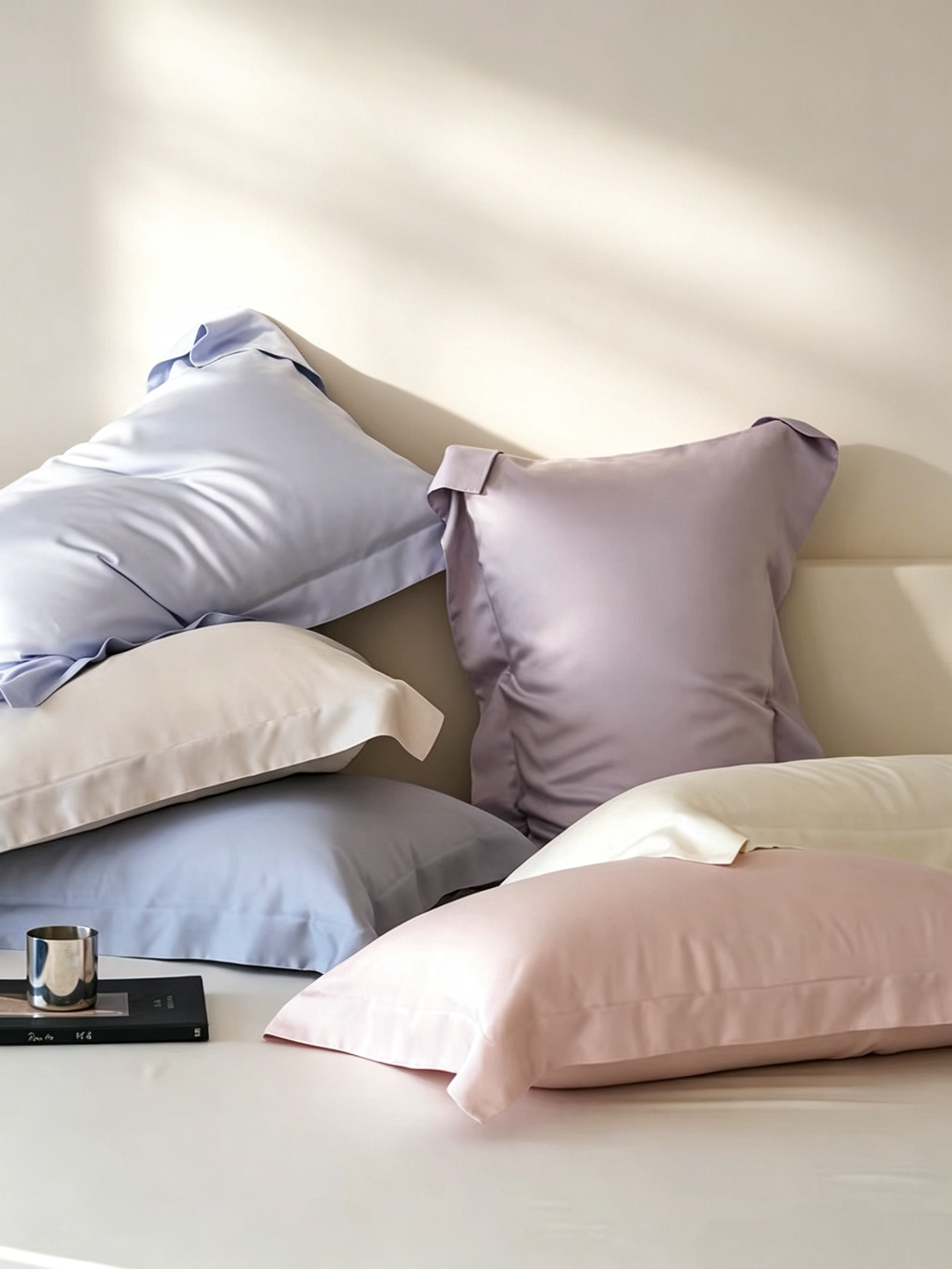 A styled collection of pastel-colored pillows, including light blue, dusty purple, and soft pink, arranged on a bed with warm sunlight casting shadows on the wall.