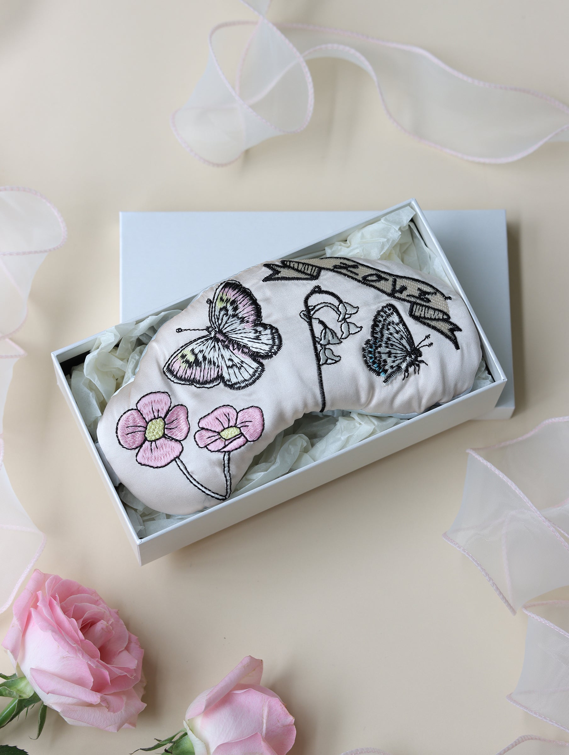 Embroidered Silk Eye Mask – Butterfly &amp; Floral Design | Lian Collection