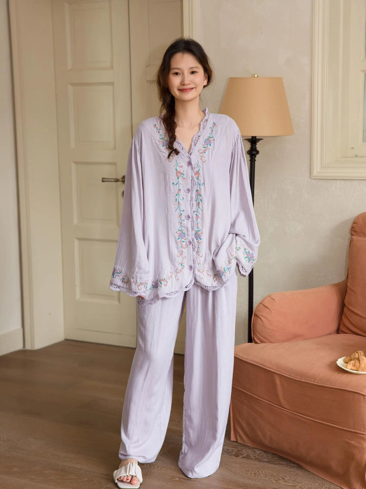 Bamboo Cotton Pyjama Set (Button‑Front) | Lilac Grey Embroidery | Lian