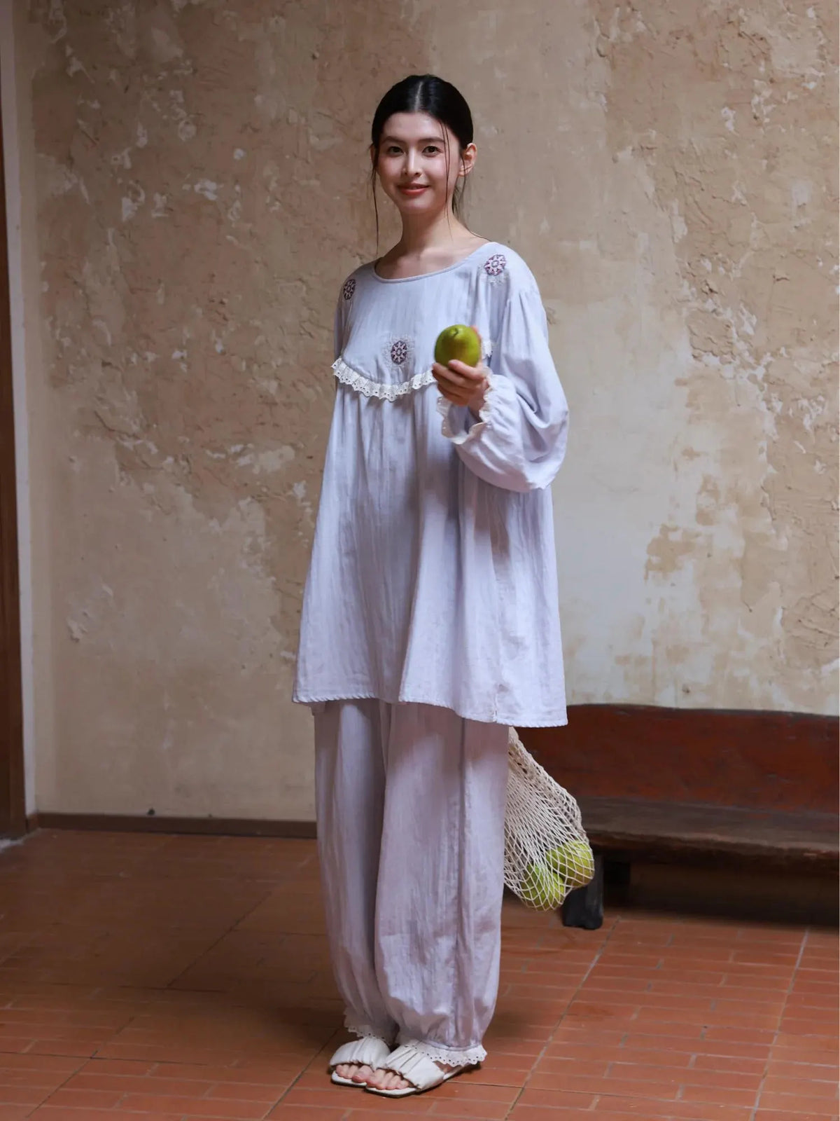 Cotton Gauze Sleepwear – Lavender Blue Floral Embroidery (Nightgown or Set) | Lian Collection