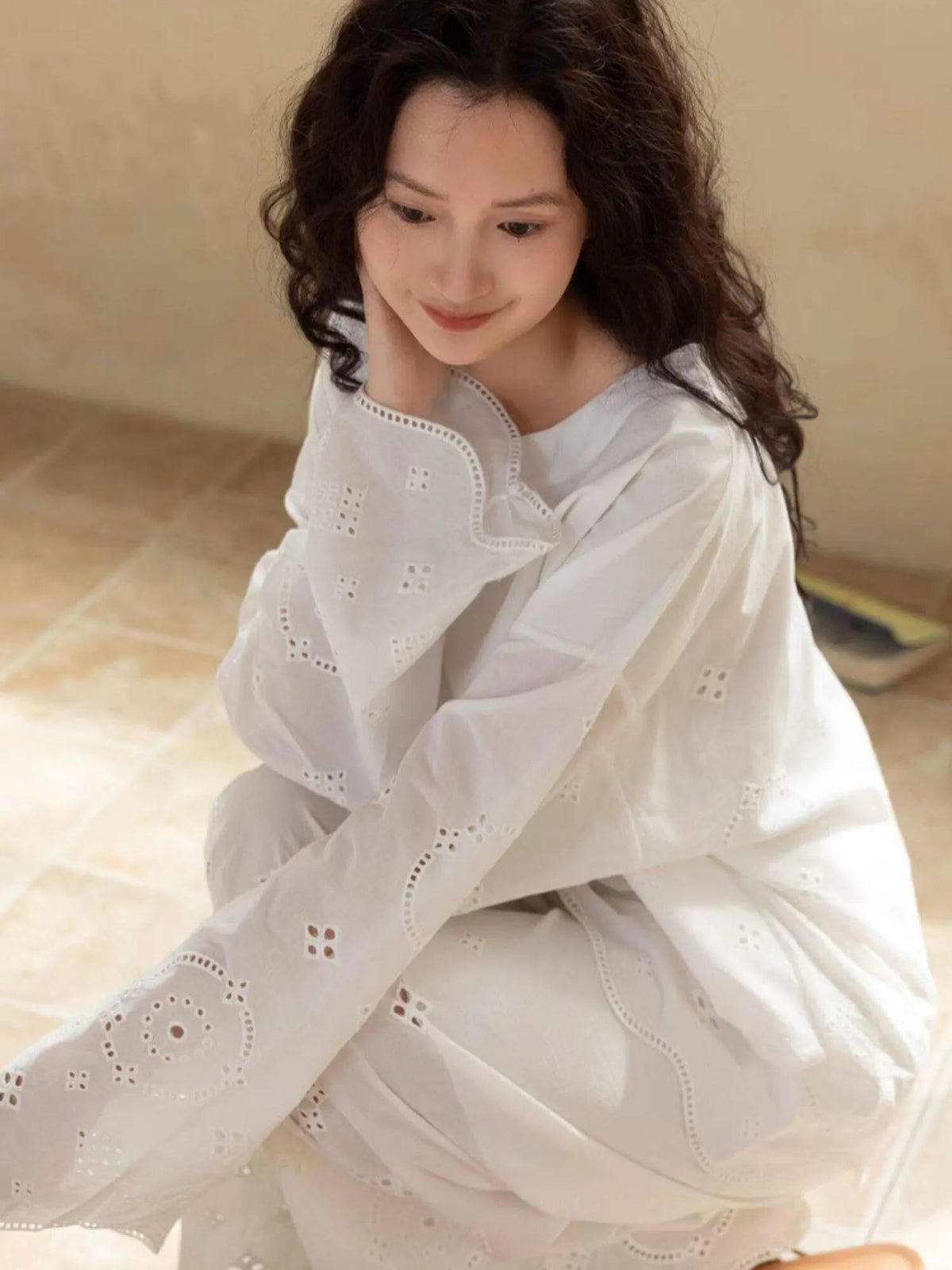 Embroidered Bamboo Cotton Pajama Set – Ruffle Collar | Lian Collection
