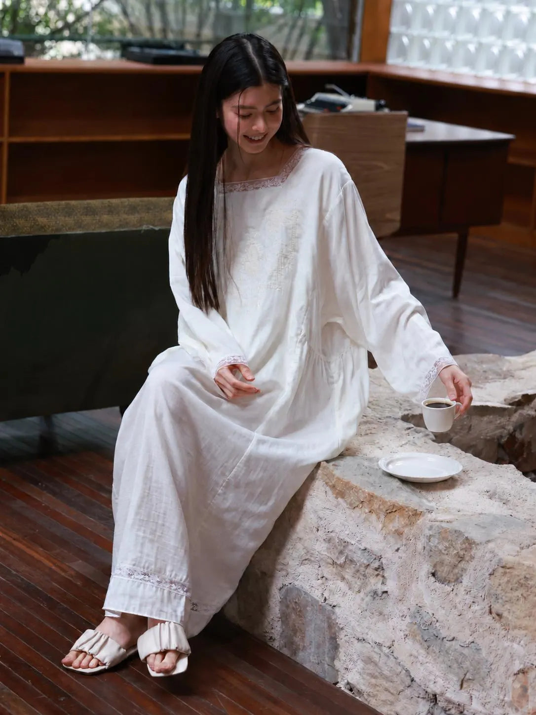 Cotton Gauze Nightwear – Lace Trim &amp; Floral Embroidery (Nightdress or Set) | Lian Collection