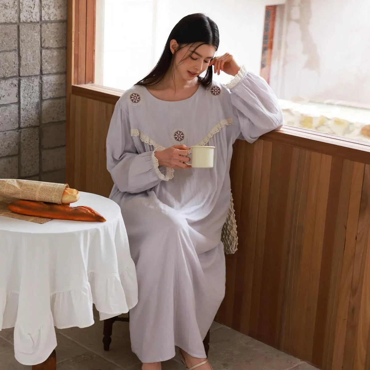 Cotton Gauze Sleepwear – Lavender Blue Floral Embroidery (Nightgown or Set) | Lian Collection
