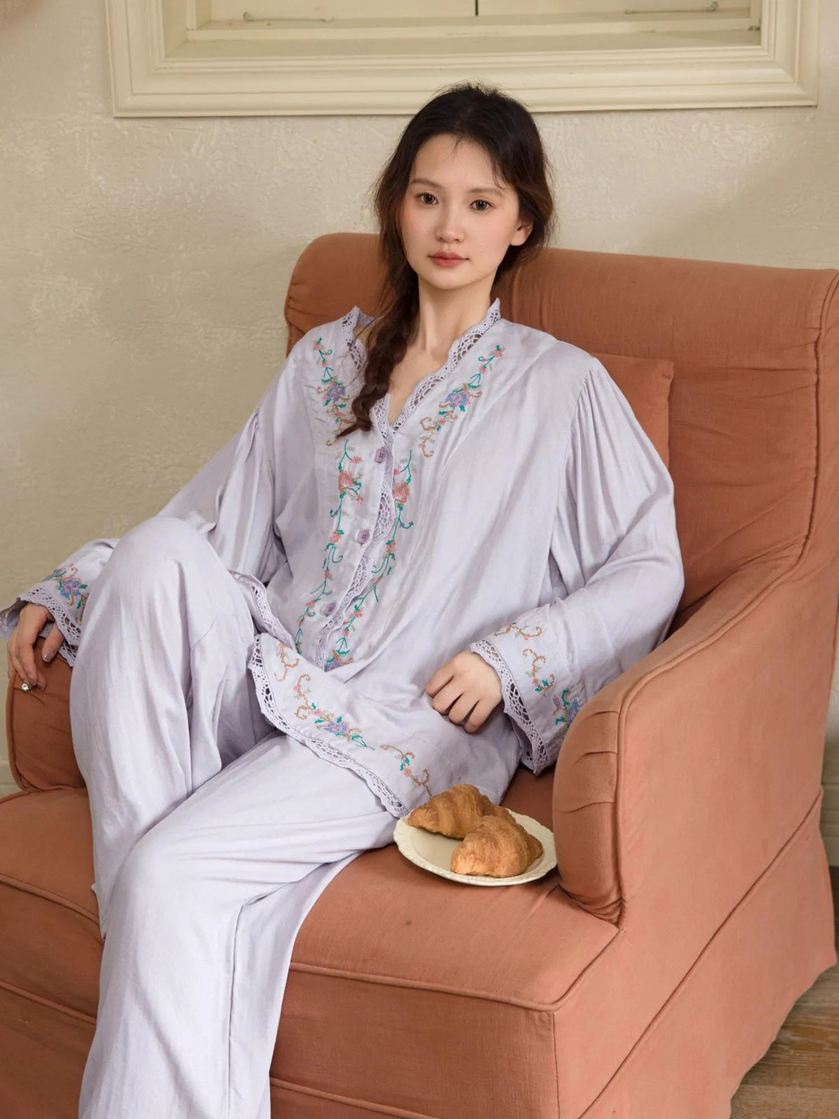 Bamboo Cotton Pyjama Set (Button‑Front) | Lilac Grey Embroidery | Lian