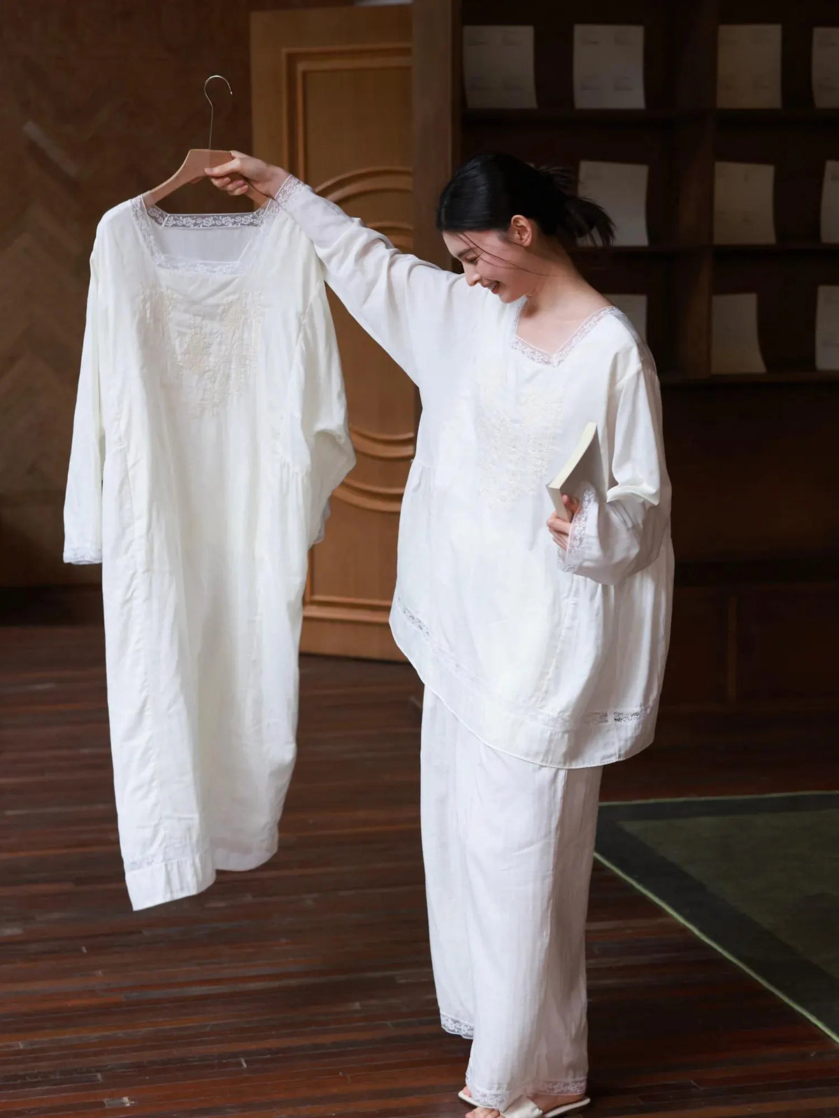 Cotton Gauze Nightwear – Lace Trim &amp; Floral Embroidery (Nightdress or Set) | Lian Collection