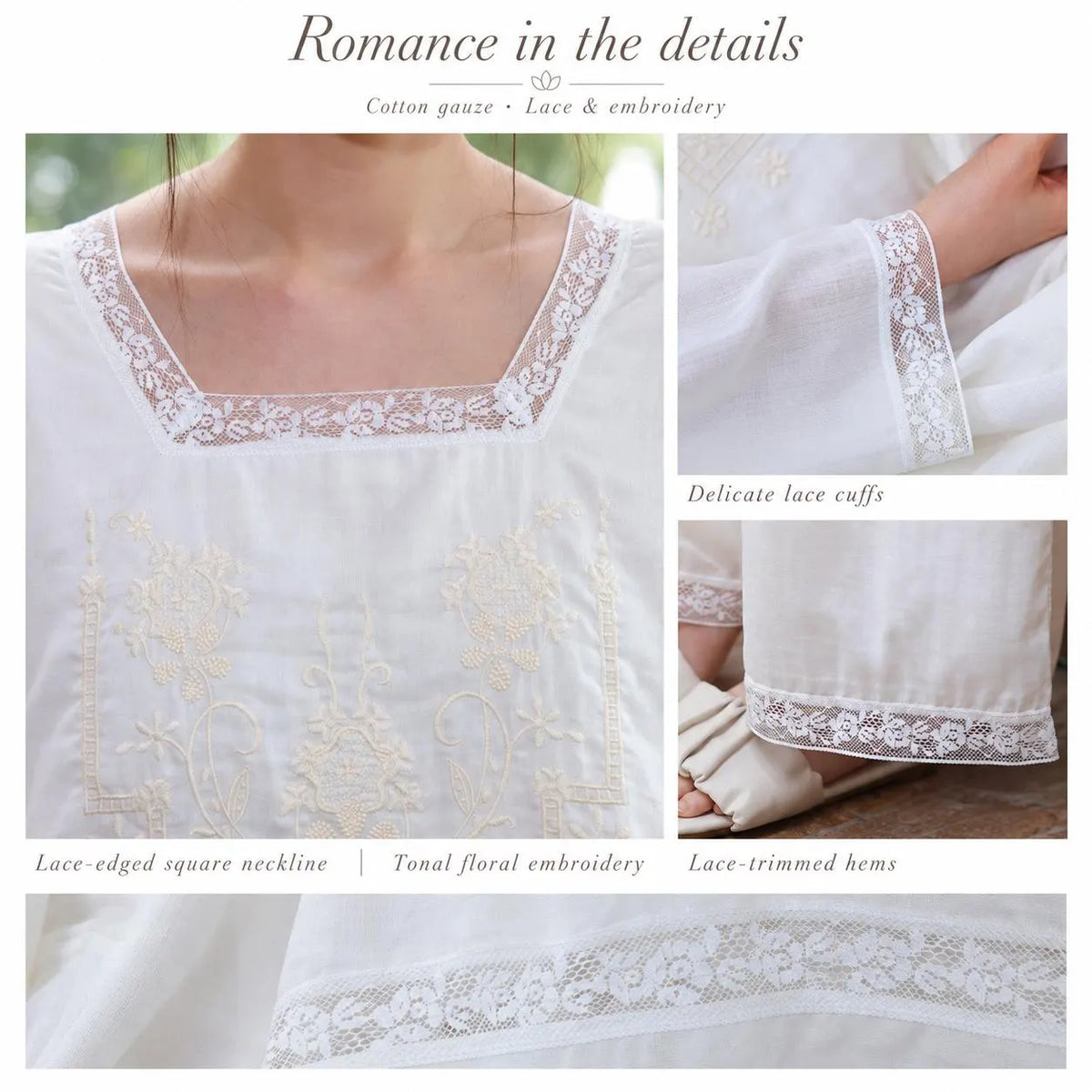 Cotton Gauze Nightwear – Lace Trim &amp; Floral Embroidery (Nightdress or Set) | Lian Collection