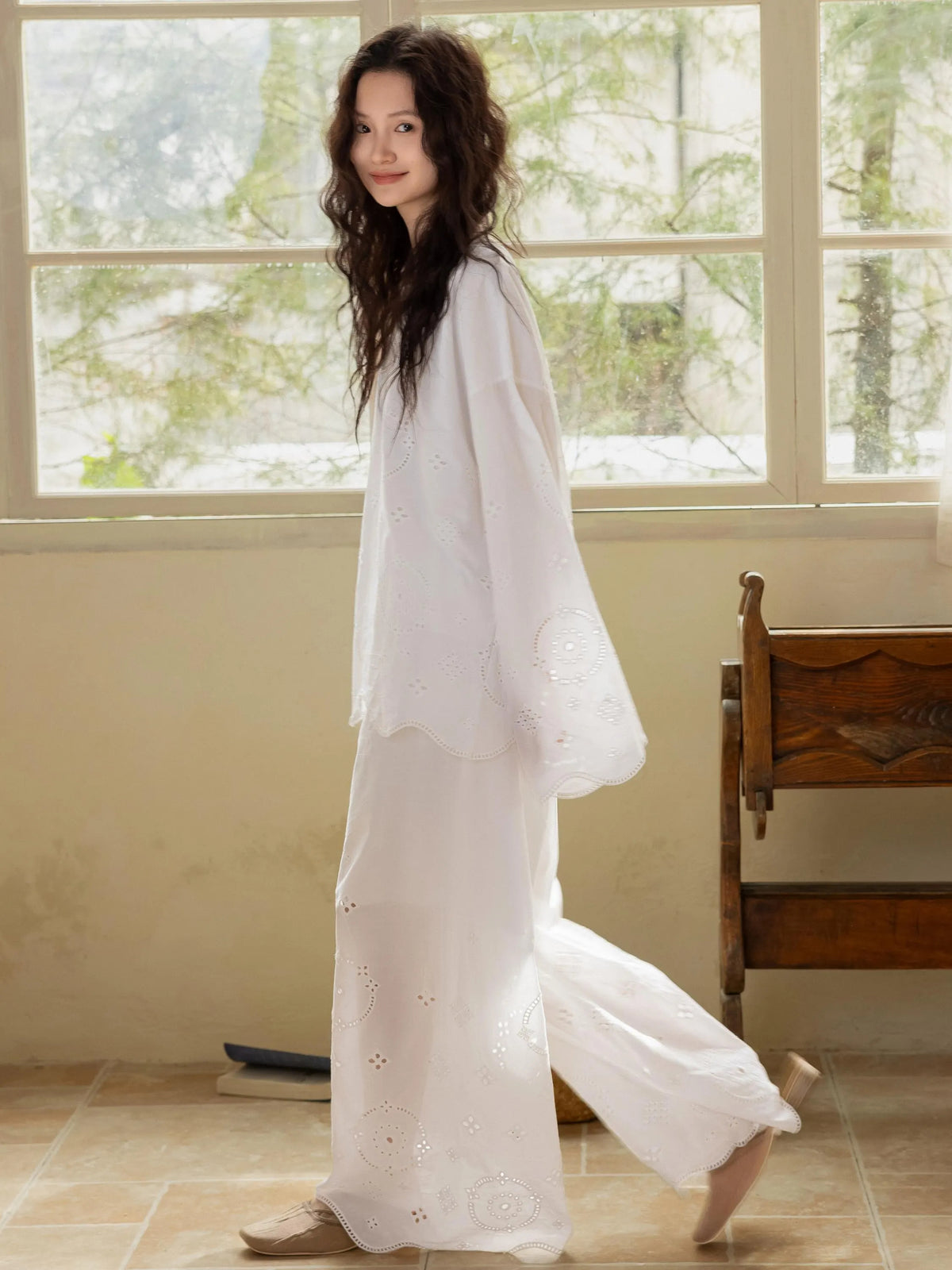 Embroidered Bamboo Cotton Pajama Set – Ruffle Collar | Lian Collection