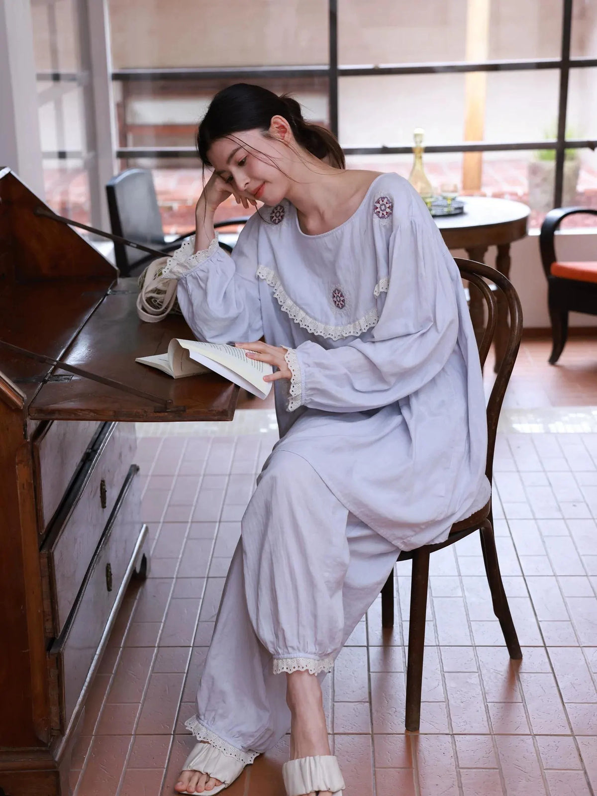 Cotton Gauze Sleepwear – Lavender Blue Floral Embroidery (Nightgown or Set) | Lian Collection