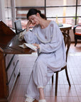 Cotton Gauze Sleepwear – Lavender Blue Floral Embroidery (Nightgown or Set) | Lian Collection
