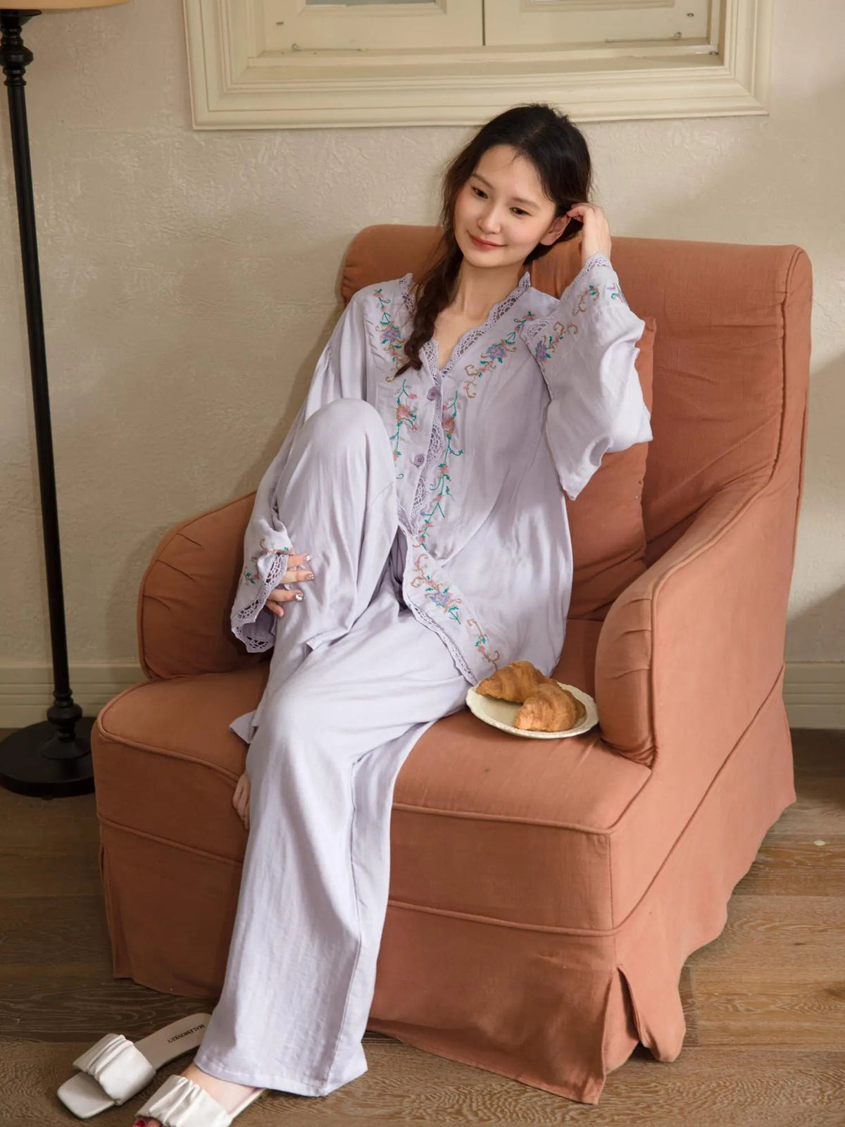 Bamboo Cotton Pyjama Set (Button‑Front) | Lilac Grey Embroidery | Lian