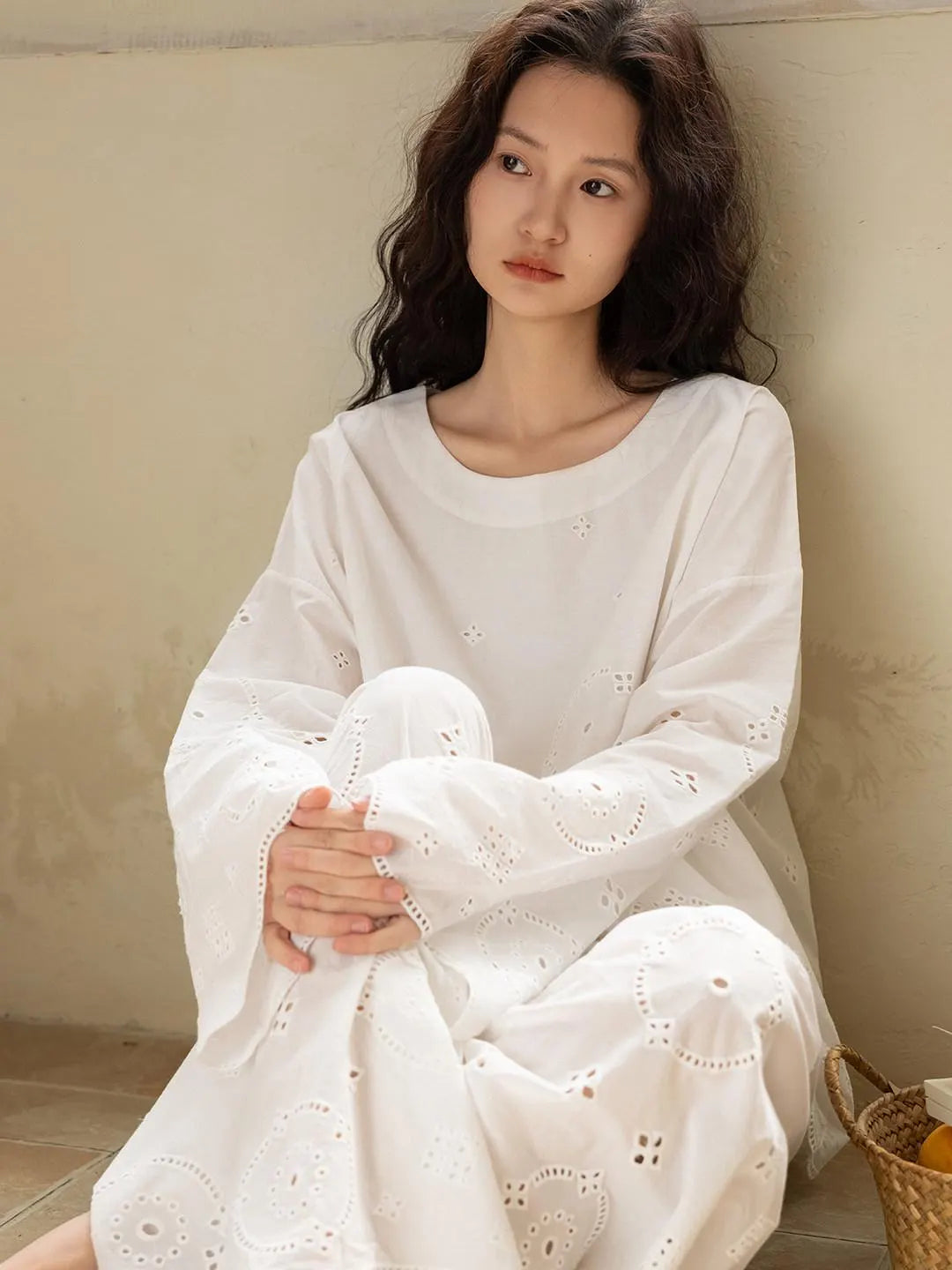 Embroidered Bamboo Cotton Pajama Set – Ruffle Collar | Lian Collection