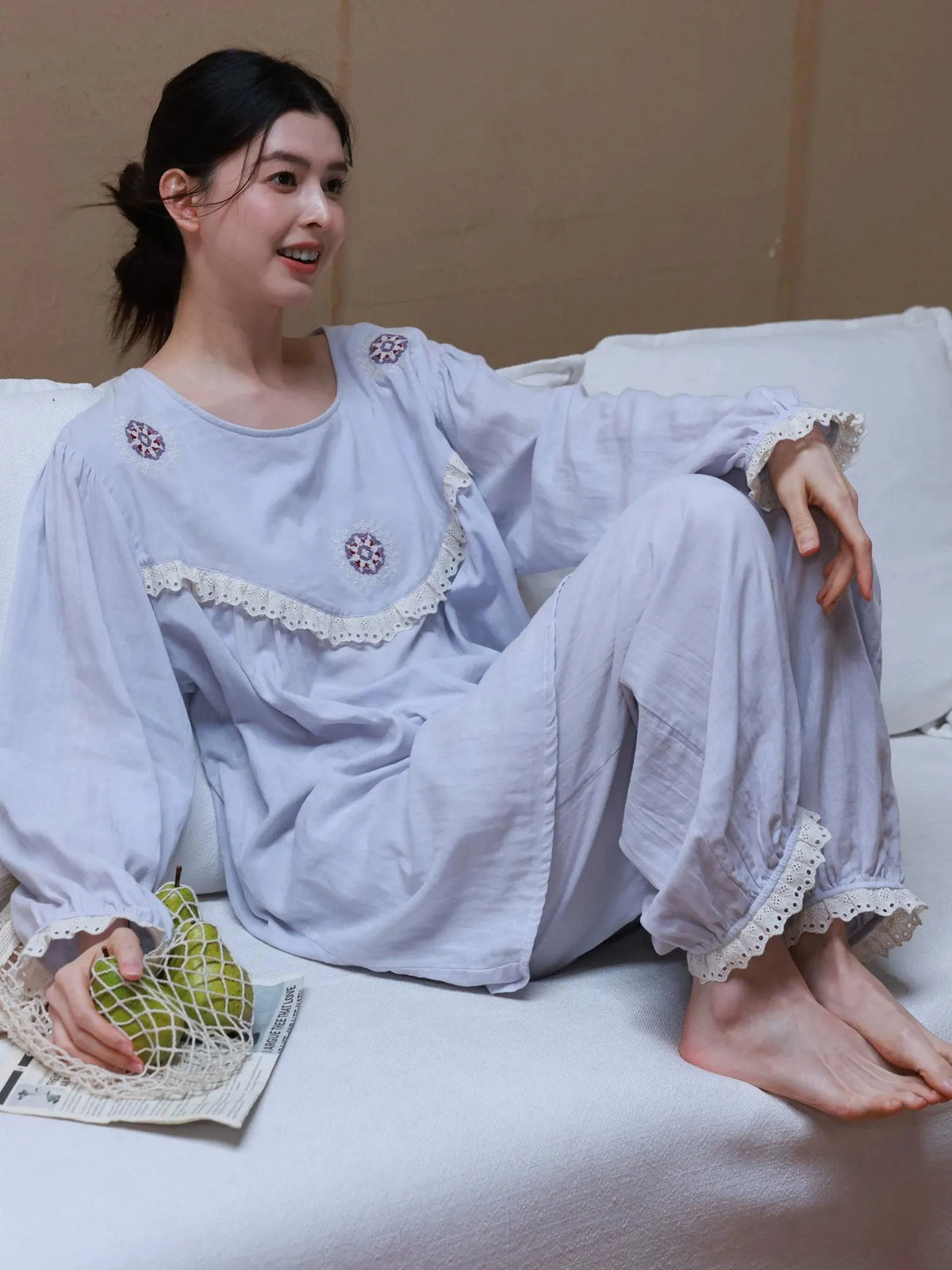 Cotton Gauze Sleepwear – Lavender Blue Floral Embroidery (Nightgown or Set) | Lian Collection