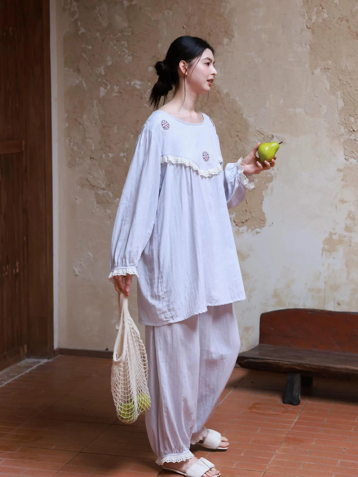 Cotton Gauze Sleepwear – Lavender Blue Floral Embroidery (Nightgown or Set) | Lian Collection
