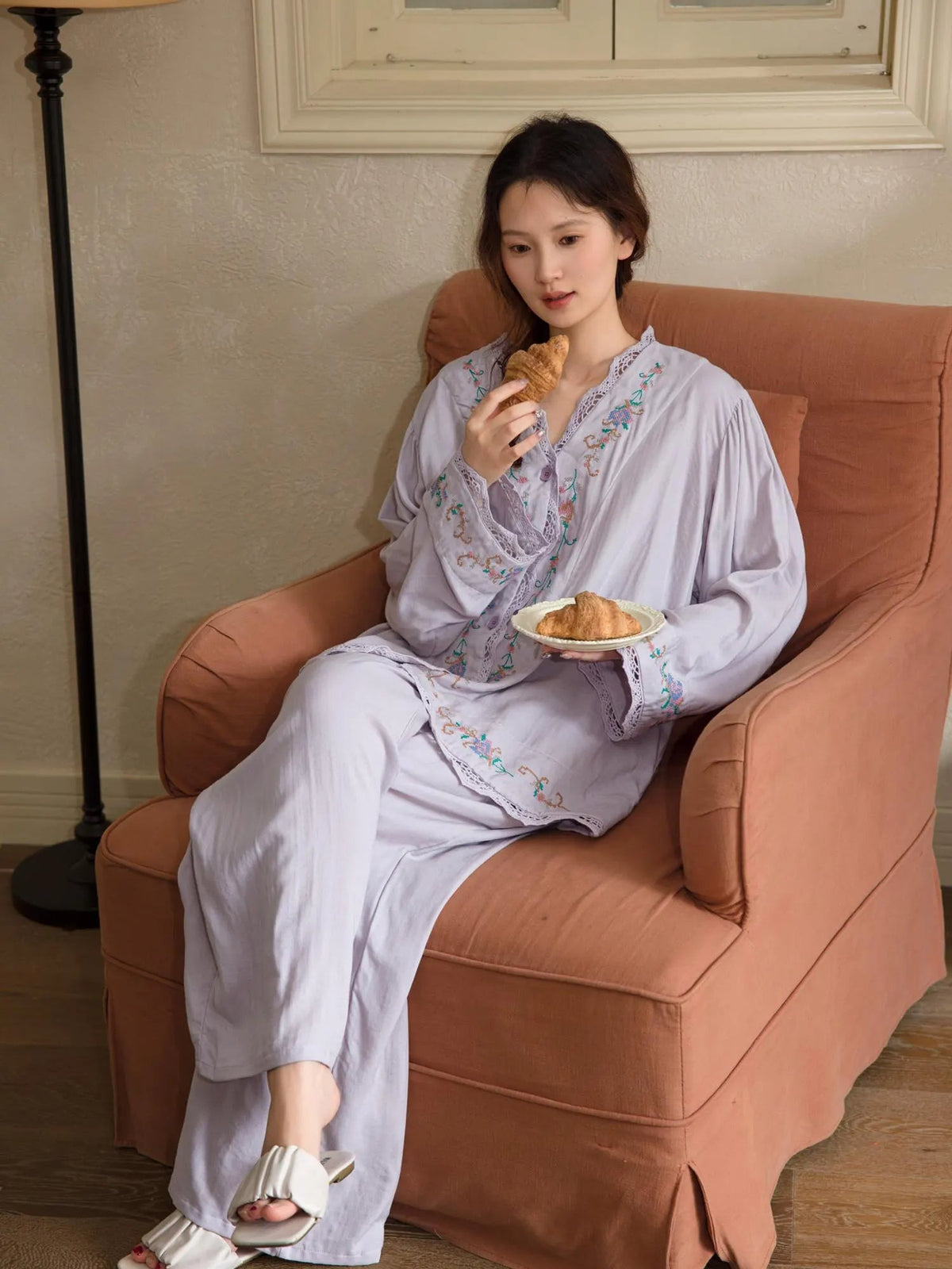 Bamboo Cotton Pyjama Set (Button‑Front) | Lilac Grey Embroidery | Lian