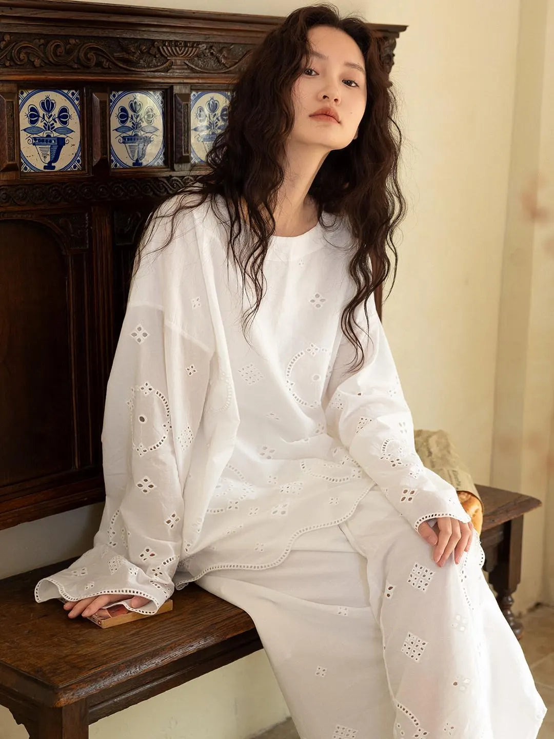 Embroidered Bamboo Cotton Pajama Set – Ruffle Collar | Lian Collection