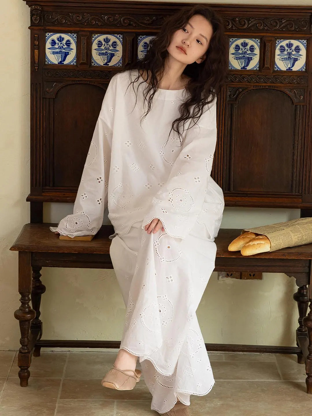 Embroidered Bamboo Cotton Pajama Set – Ruffle Collar | Lian Collection