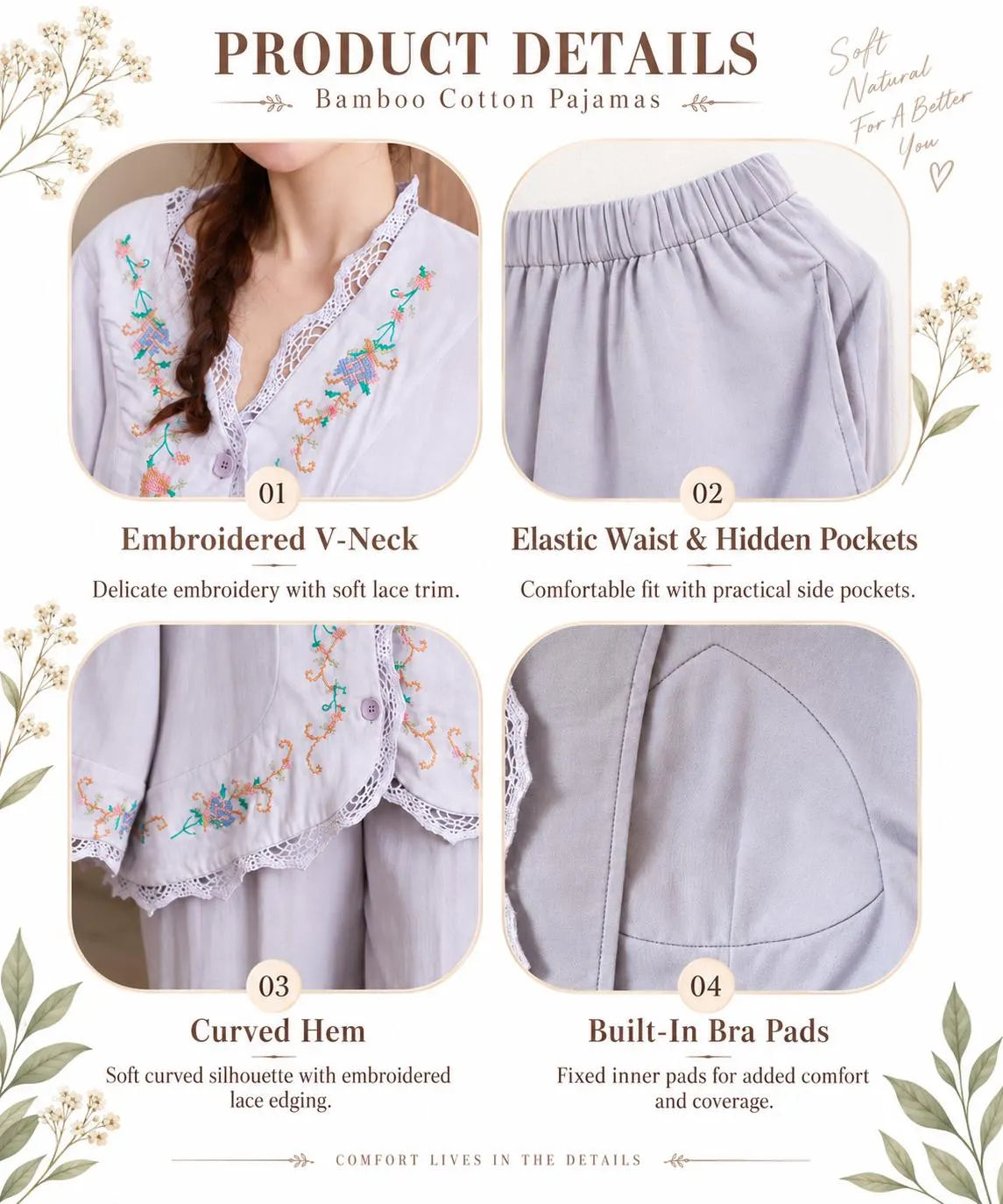 Bamboo Cotton Pyjama Set (Button‑Front) | Lilac Grey Embroidery | Lian