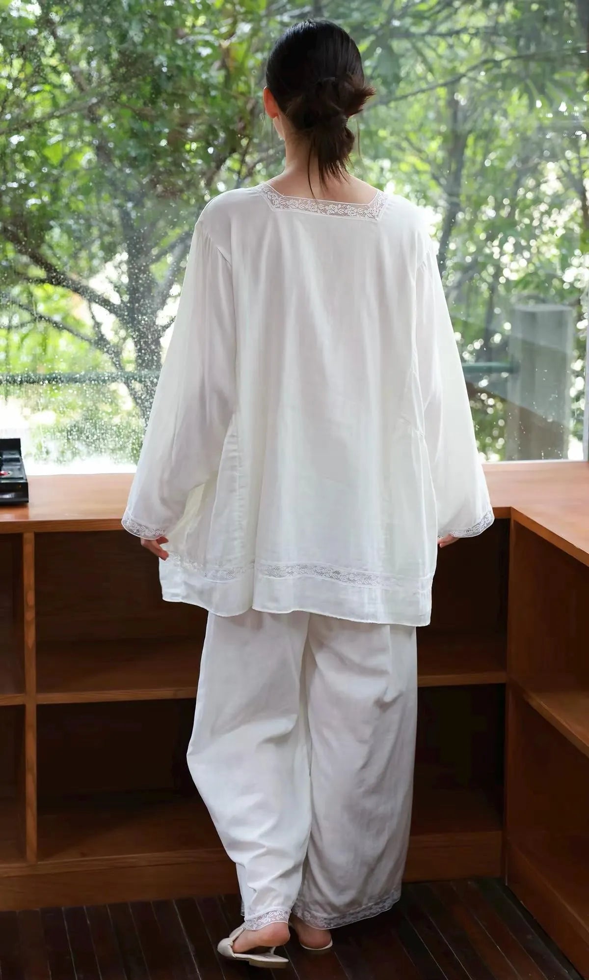 Cotton Gauze Nightwear – Lace Trim &amp; Floral Embroidery (Nightdress or Set) | Lian Collection