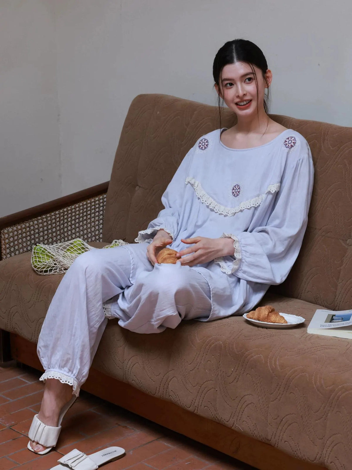 Cotton Gauze Sleepwear – Lavender Blue Floral Embroidery (Nightgown or Set) | Lian Collection