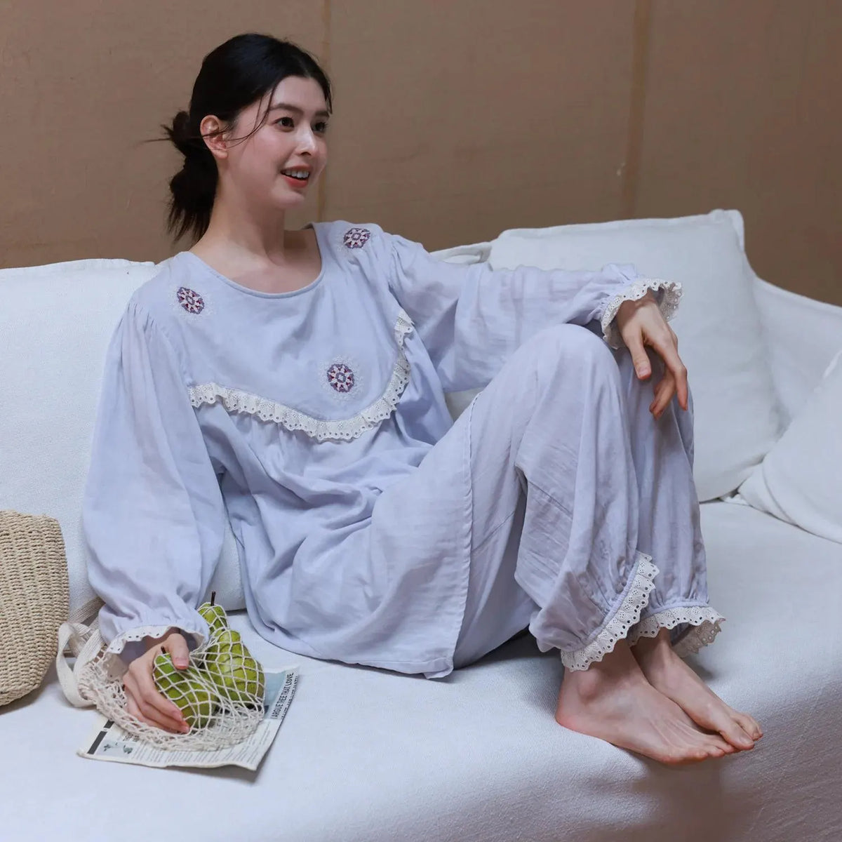 Cotton Gauze Sleepwear – Lavender Blue Floral Embroidery (Nightgown or Set) | Lian Collection
