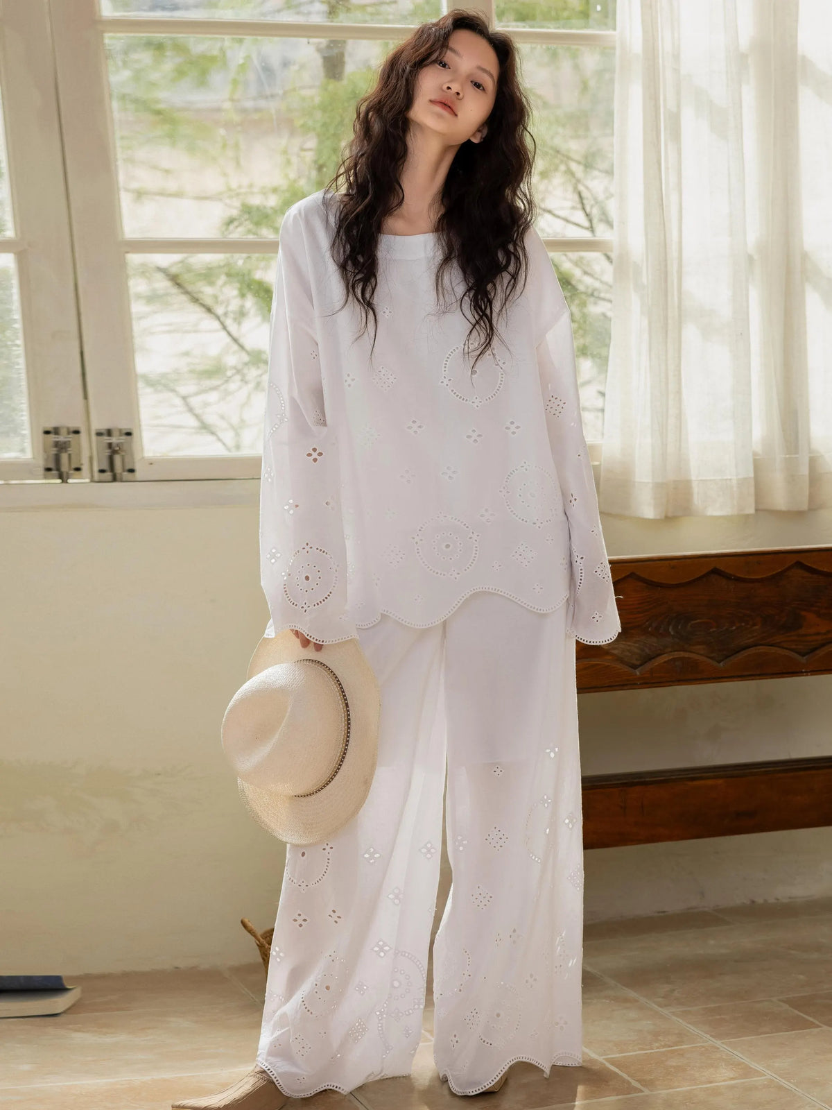 Embroidered Bamboo Cotton Pajama Set – Ruffle Collar | Lian Collection