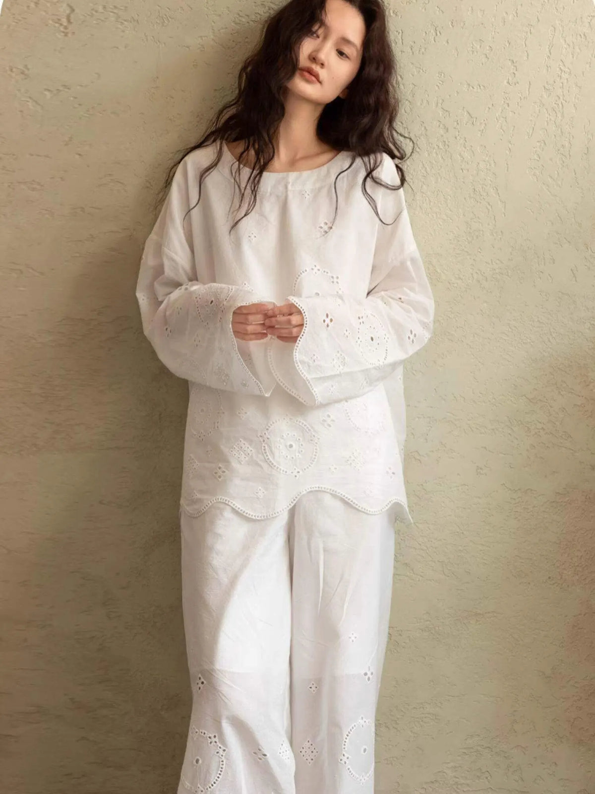 Embroidered Bamboo Cotton Pajama Set – Ruffle Collar | Lian Collection