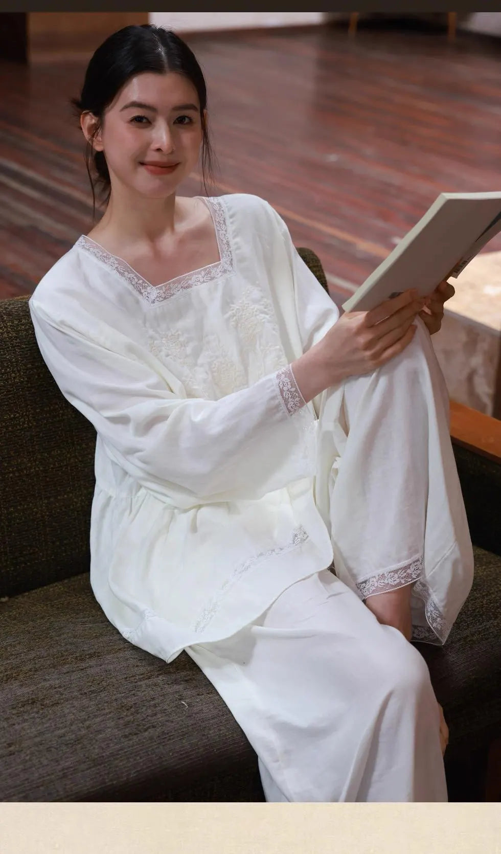 Cotton Gauze Nightwear – Lace Trim &amp; Floral Embroidery (Nightdress or Set) | Lian Collection