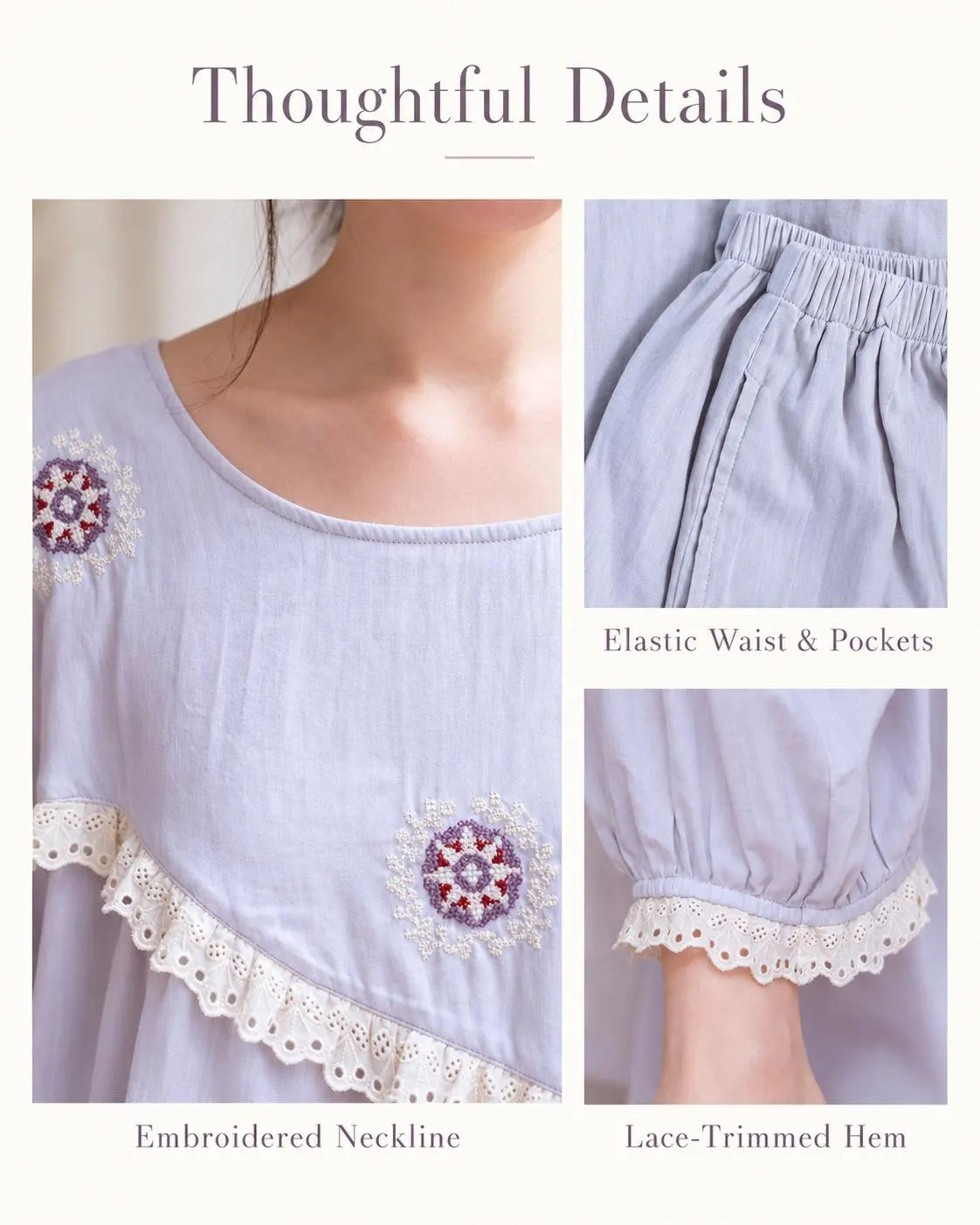 Cotton Gauze Sleepwear – Lavender Blue Floral Embroidery (Nightgown or Set) | Lian Collection