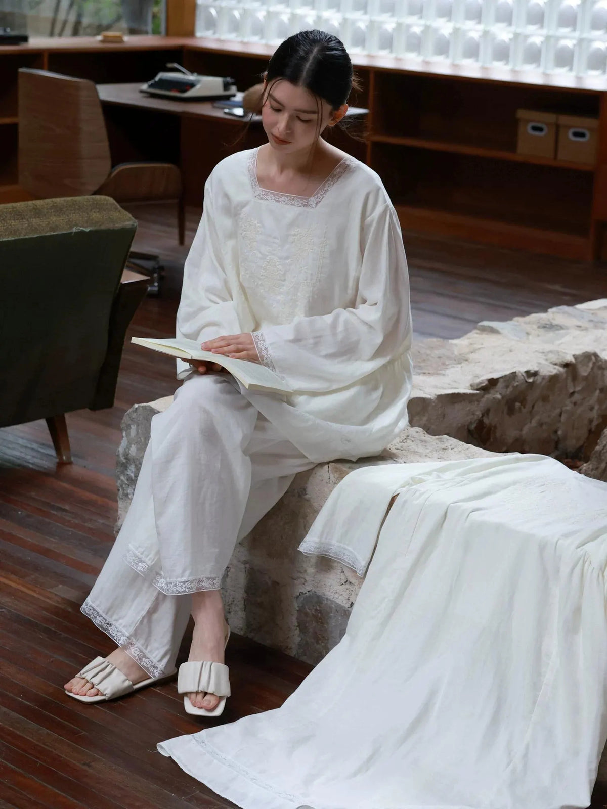 Cotton Gauze Nightwear – Lace Trim &amp; Floral Embroidery (Nightdress or Set) | Lian Collection