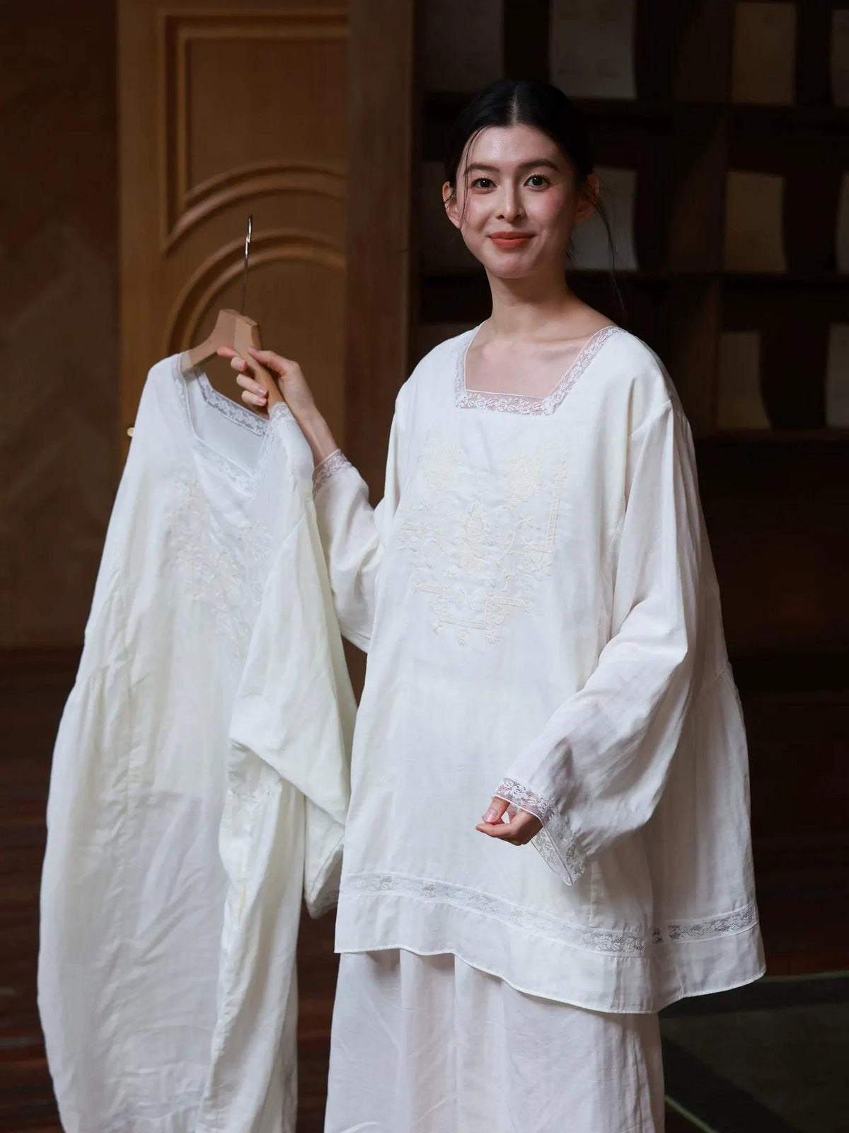 Cotton Gauze Nightwear – Lace Trim &amp; Floral Embroidery (Nightdress or Set) | Lian Collection