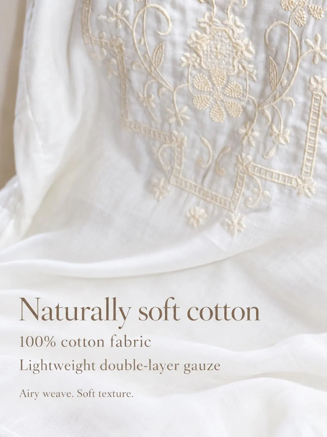 Cotton Gauze Nightwear – Lace Trim &amp; Floral Embroidery (Nightdress or Set) | Lian Collection