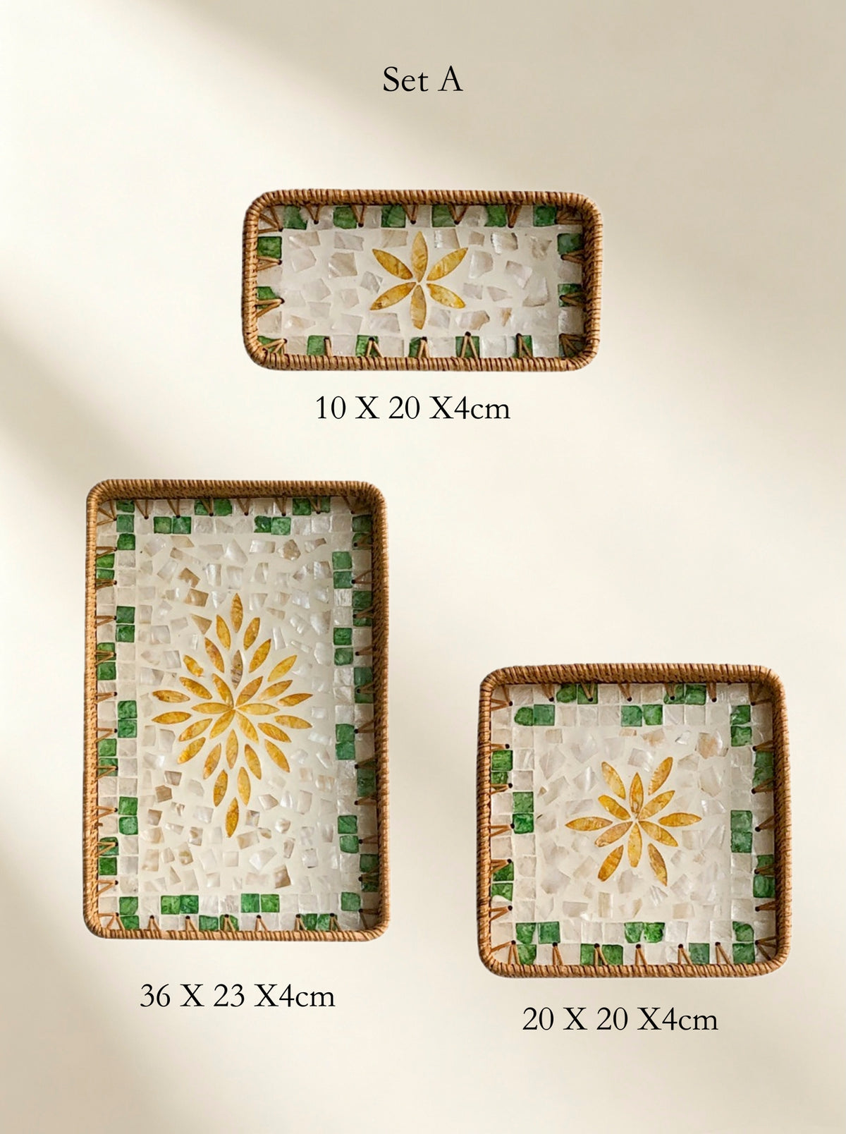 Handmade Rattan &amp; Mother‑of‑Pearl Tray Set – Nesting Serving Trays (3pcs) | Lian Collection