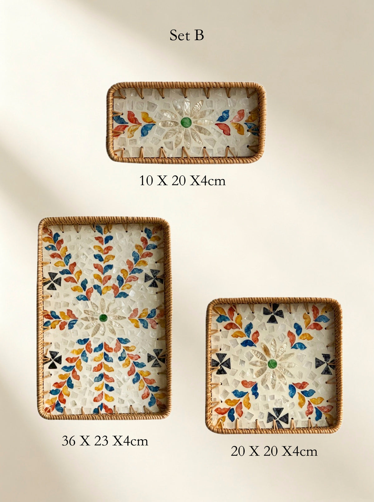 Handmade Rattan &amp; Mother‑of‑Pearl Tray Set – Nesting Serving Trays (3pcs) | Lian Collection