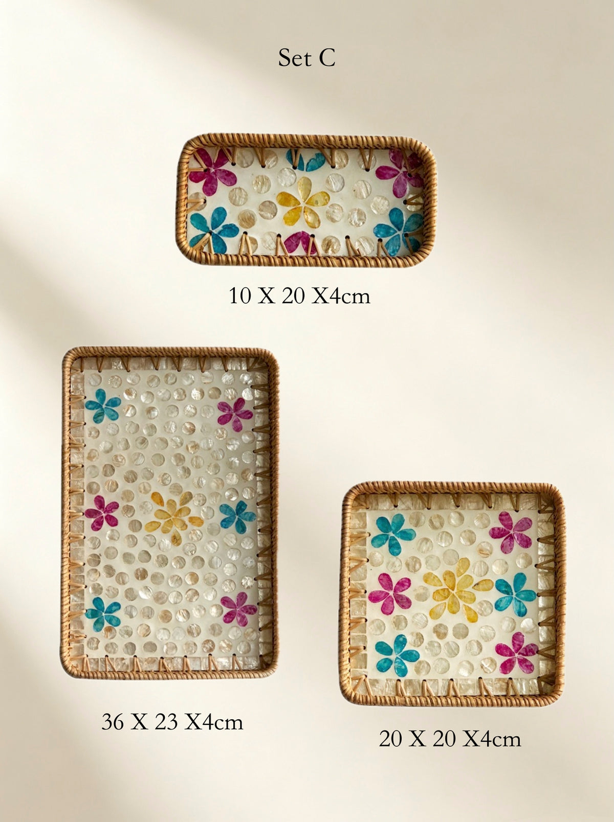 Handmade Rattan &amp; Mother‑of‑Pearl Tray Set – Nesting Serving Trays (3pcs) | Lian Collection