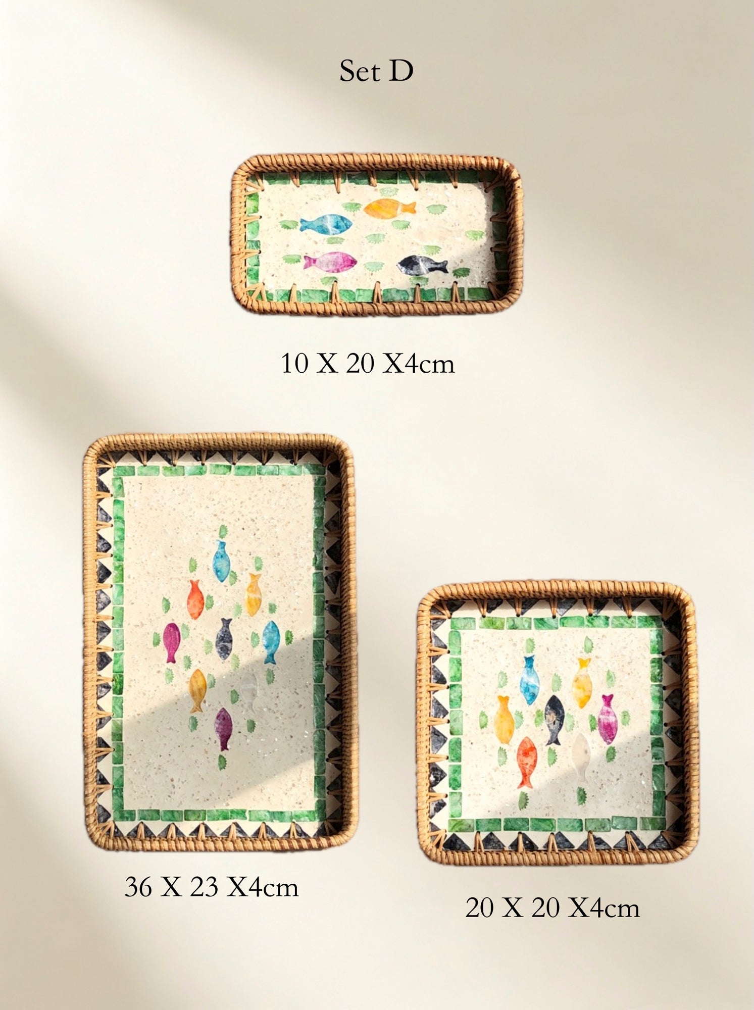 Handmade Rattan &amp; Mother‑of‑Pearl Tray Set – Nesting Serving Trays (3pcs) | Lian Collection