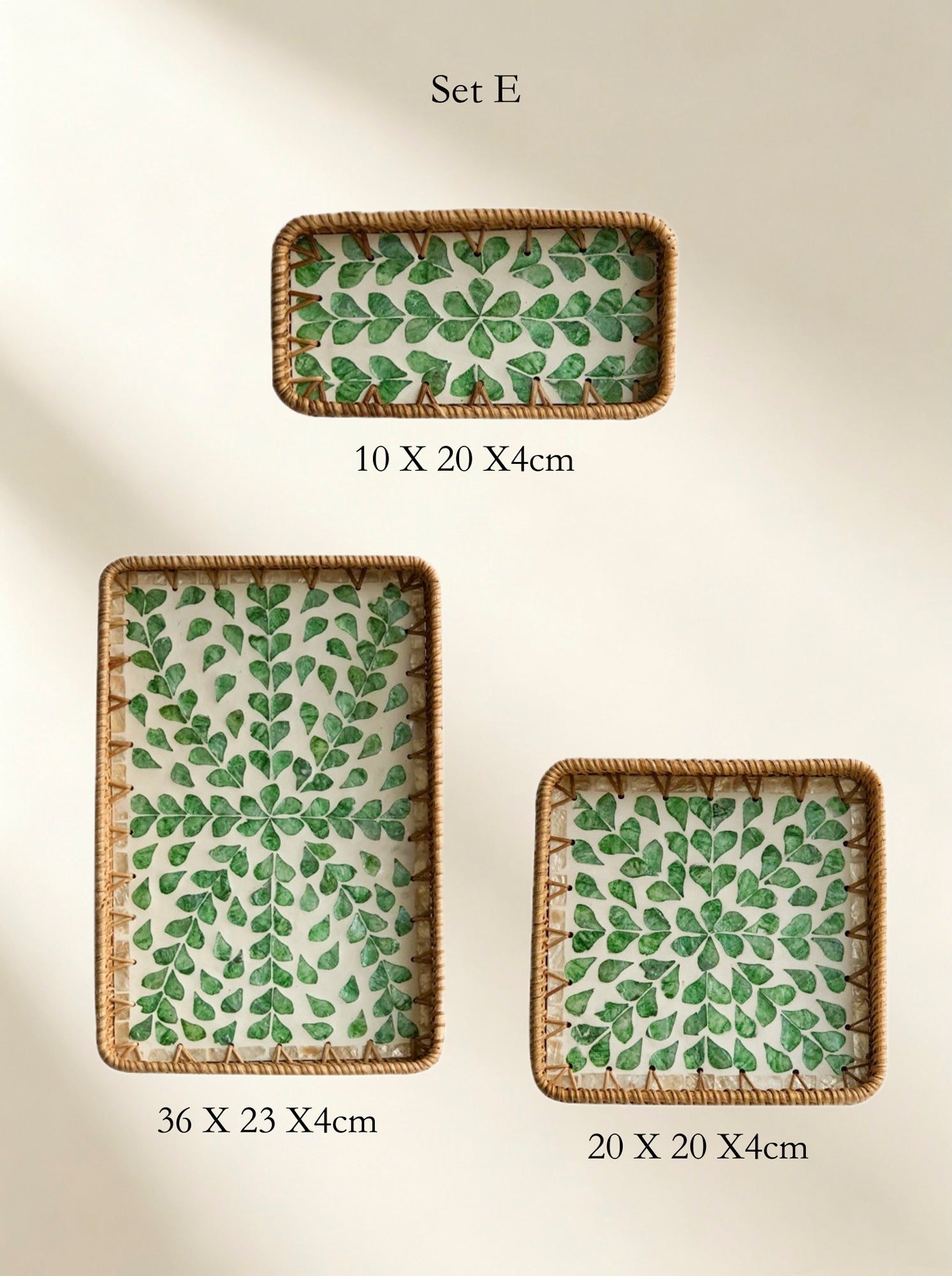 Handmade Rattan &amp; Mother‑of‑Pearl Tray Set – Nesting Serving Trays (3pcs) | Lian Collection