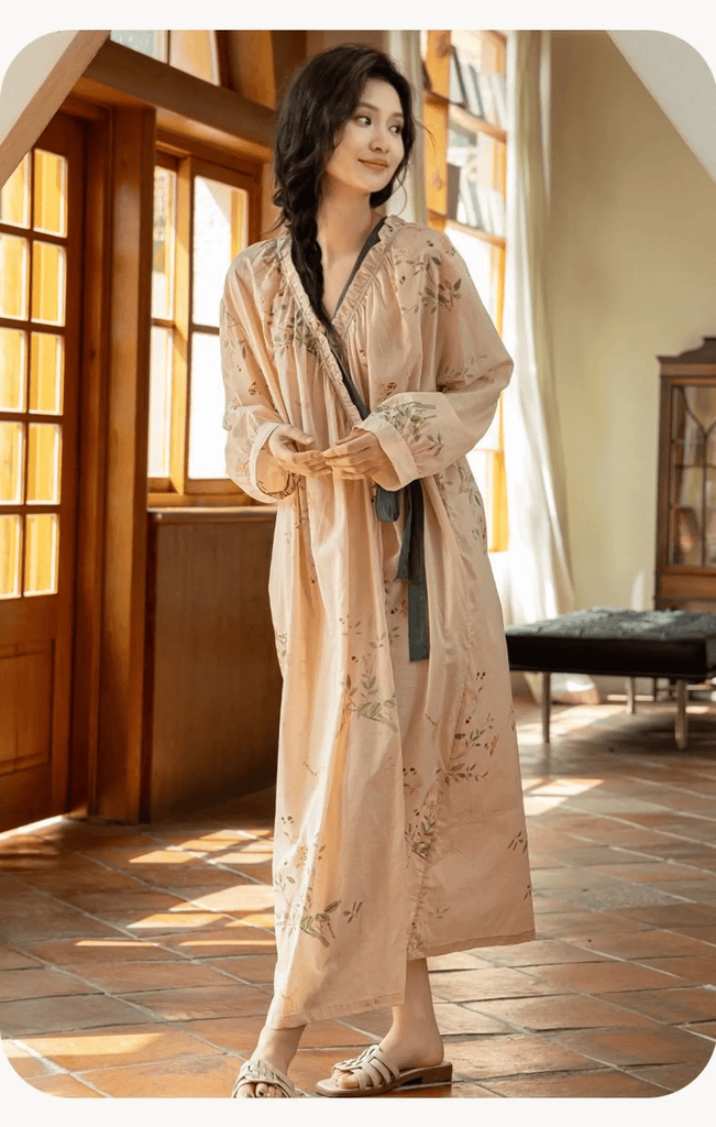 Sustainable Bamboo Cotton Robe for Women – All-Season Long Sleeve Lounge Dress - Lian