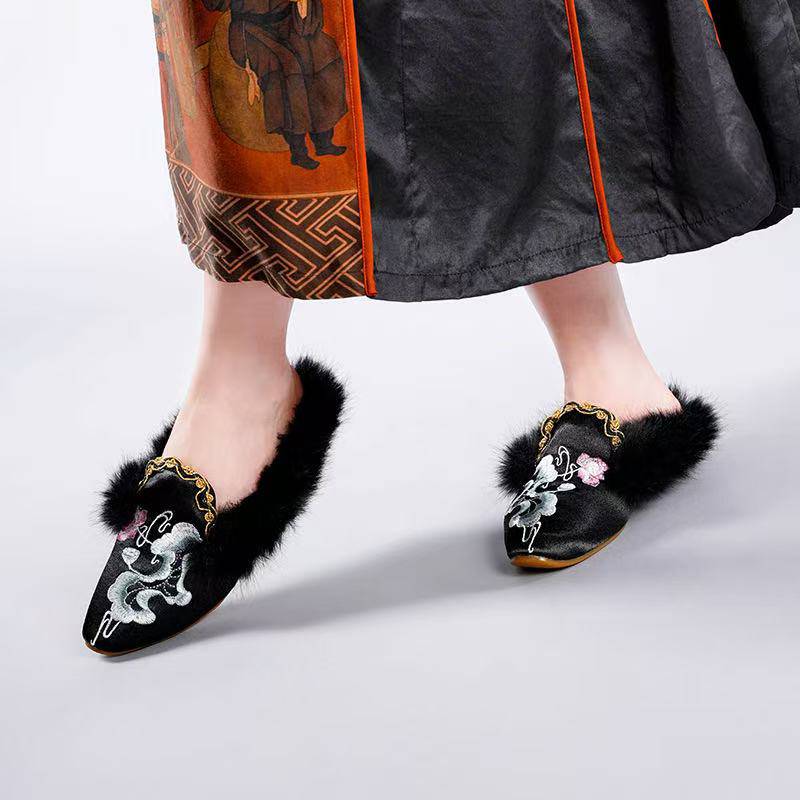 Handmade Embroidered Winter Slippers with Fur Lining - Lian