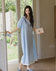 Blue Embroidered Bamboo Cotton Nightgown | Summer Sleepwear Dress | Lian