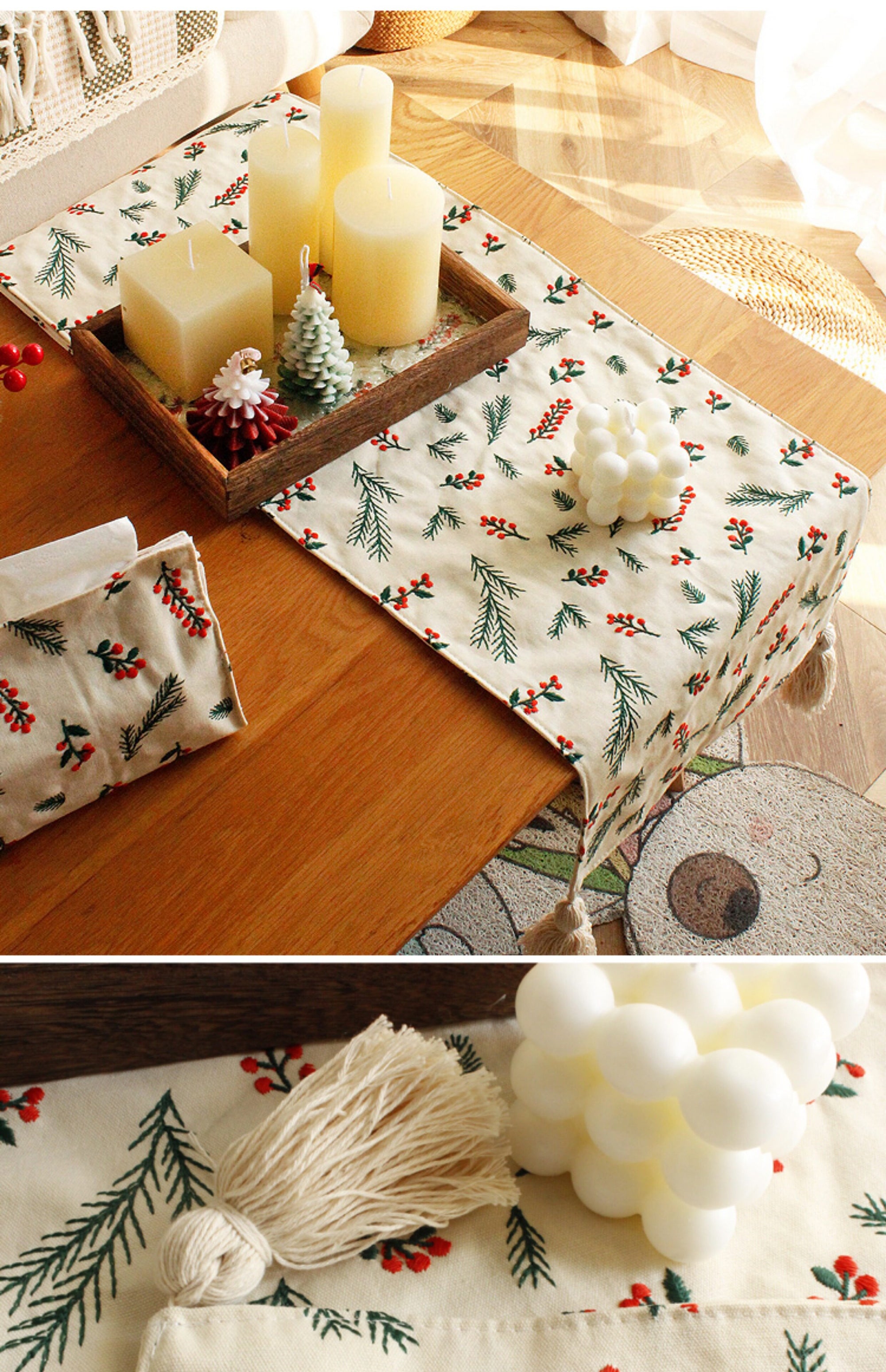 Embroidered Christmas Table Runner – Rustic Holiday Motifs | Lian Collection