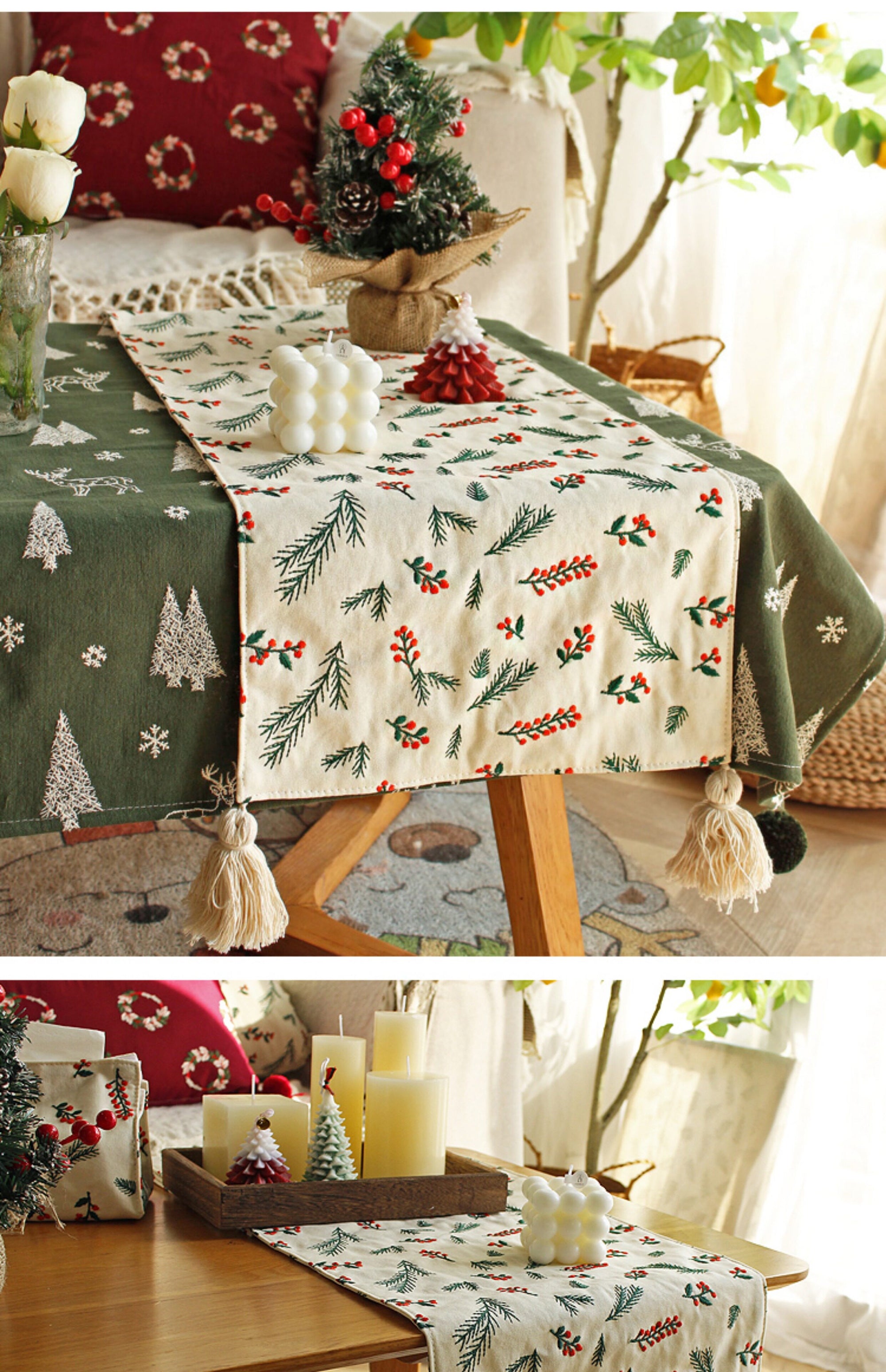 Embroidered Christmas Table Runner – Rustic Holiday Motifs | Lian Collection