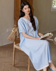 Blue Embroidered Bamboo Cotton Nightgown | Summer Sleepwear Dress | Lian
