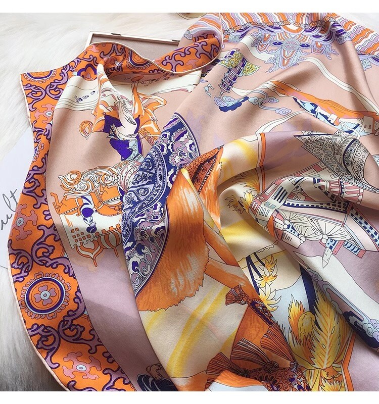 Oriental Pattern Mulberry Silk Scarf Silk Road Dual Colour Handmade Scarf 110cm Large Square Silk Shawl Oriental Heritage Gift for Birthday