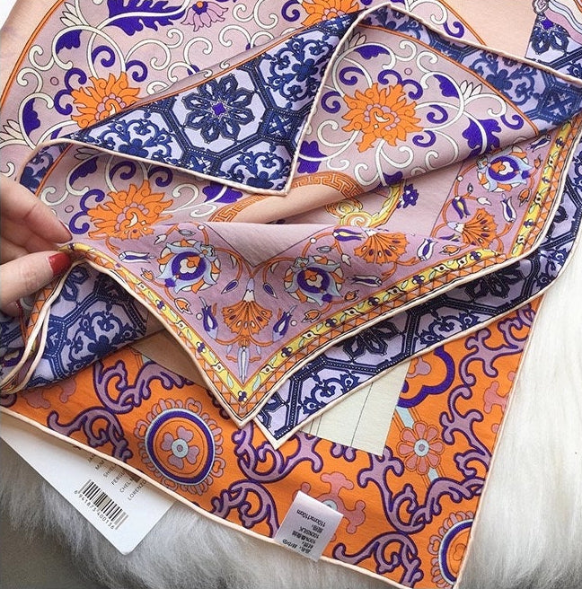 Oriental Pattern Mulberry Silk Scarf Silk Road Dual Colour Handmade Scarf 110cm Large Square Silk Shawl Oriental Heritage Gift for Birthday