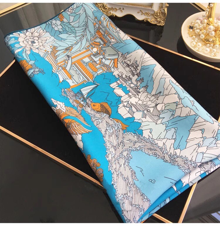 Blue Silk Scarf Blue and Beige Inspired by Chinese Mythology Dual Colours Scarf Gift for Her Gift for Birthday Perfect Gift for Valentine’s